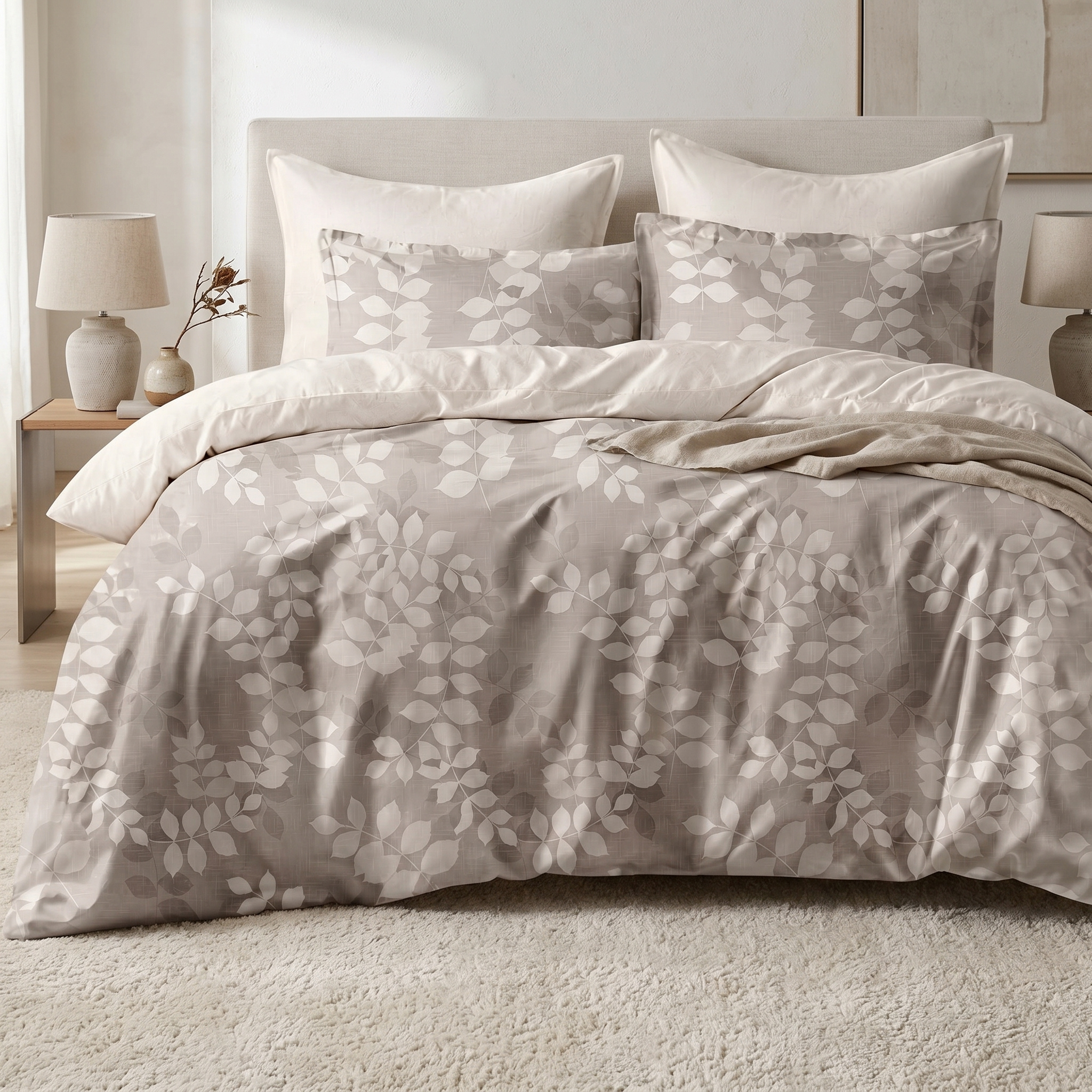 Ensemble Parure de Lit Satin Coton Motif Feuillage Beige | Fiolla Home
