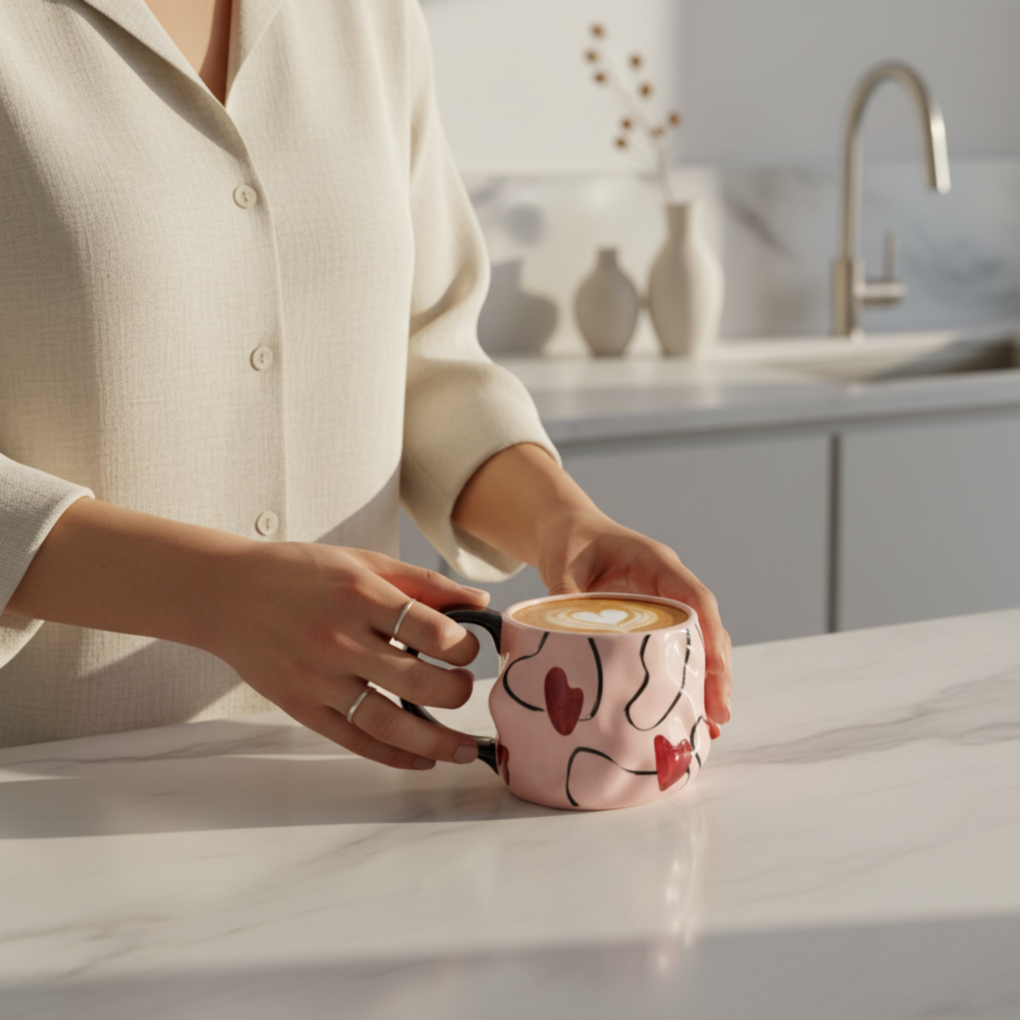 Mug Rose à Cœurs en Céramique – Anse Noire, Design Moderne Tunisie