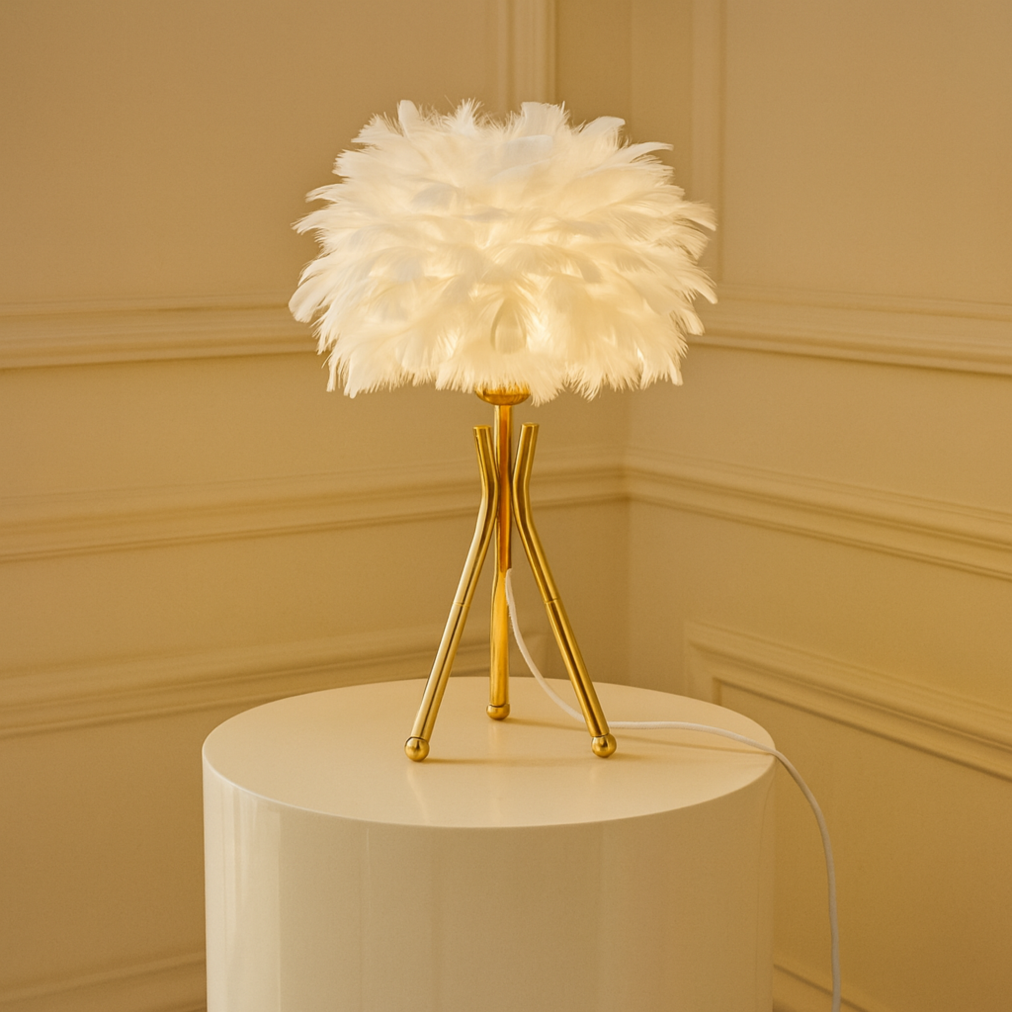 Lampe de Chevet à Plumes Blanc & Doré – Style Glamour Chic