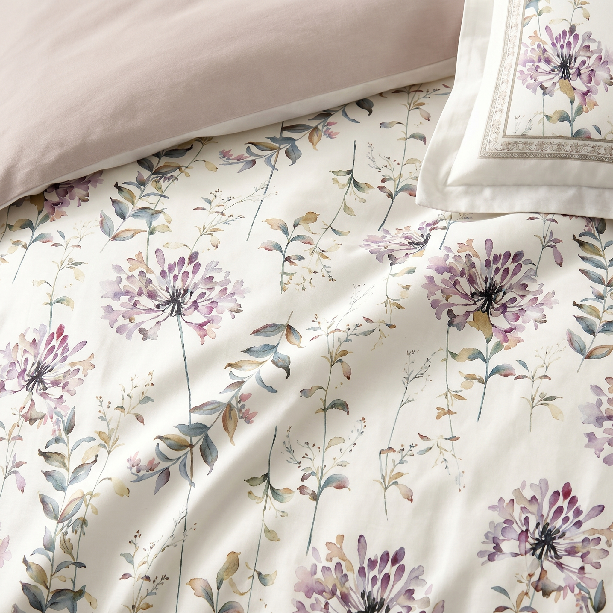 Ensemble Parure de Lit Satin Coton Floral Violet Aquarelle | Fiolla Home