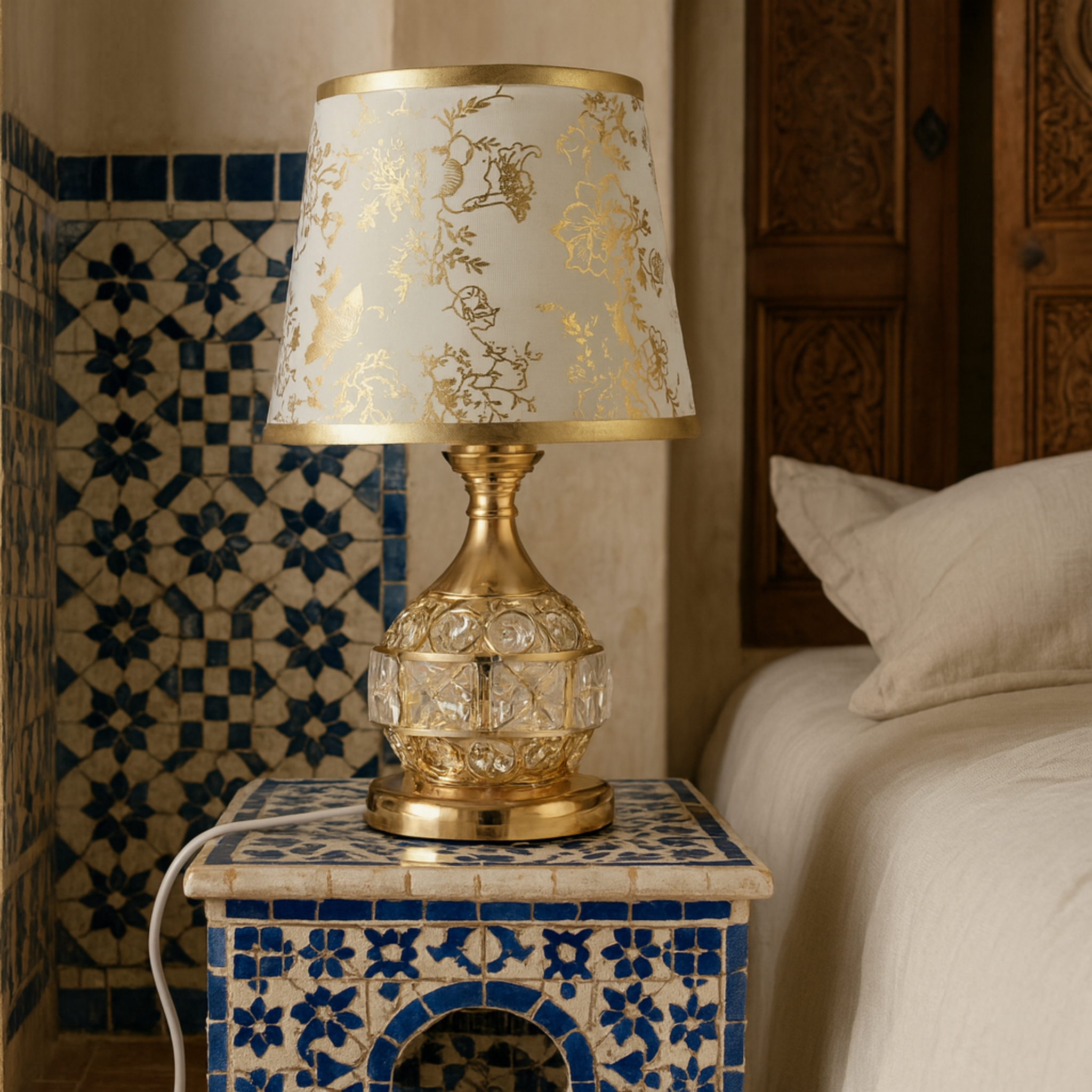 Lampe de Chevet Dorée avec Abat-jour Floral et Base Cristal