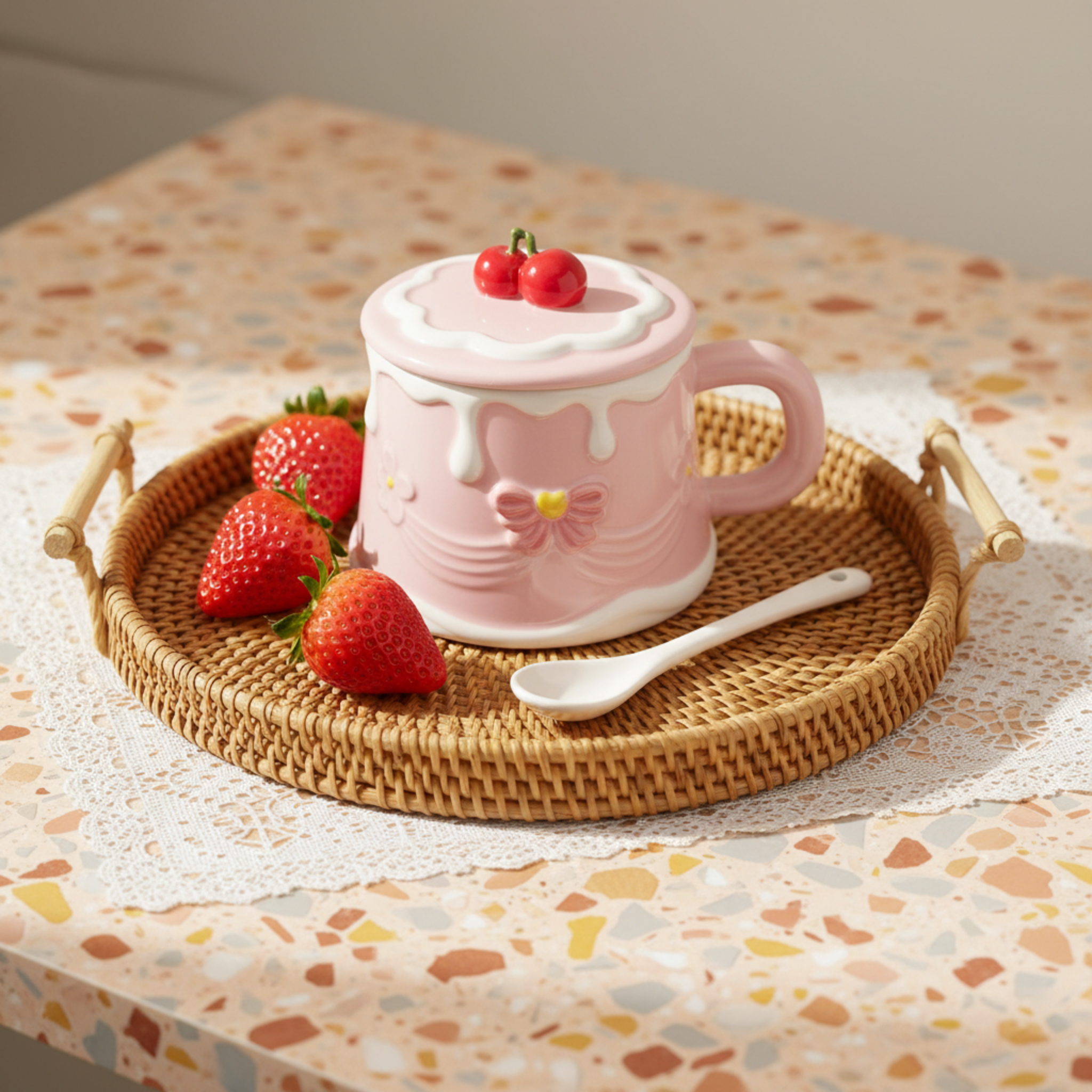 Mug Gâteau Rose Pastel avec Couvercle Cerise – Style Coquette & Cadeau