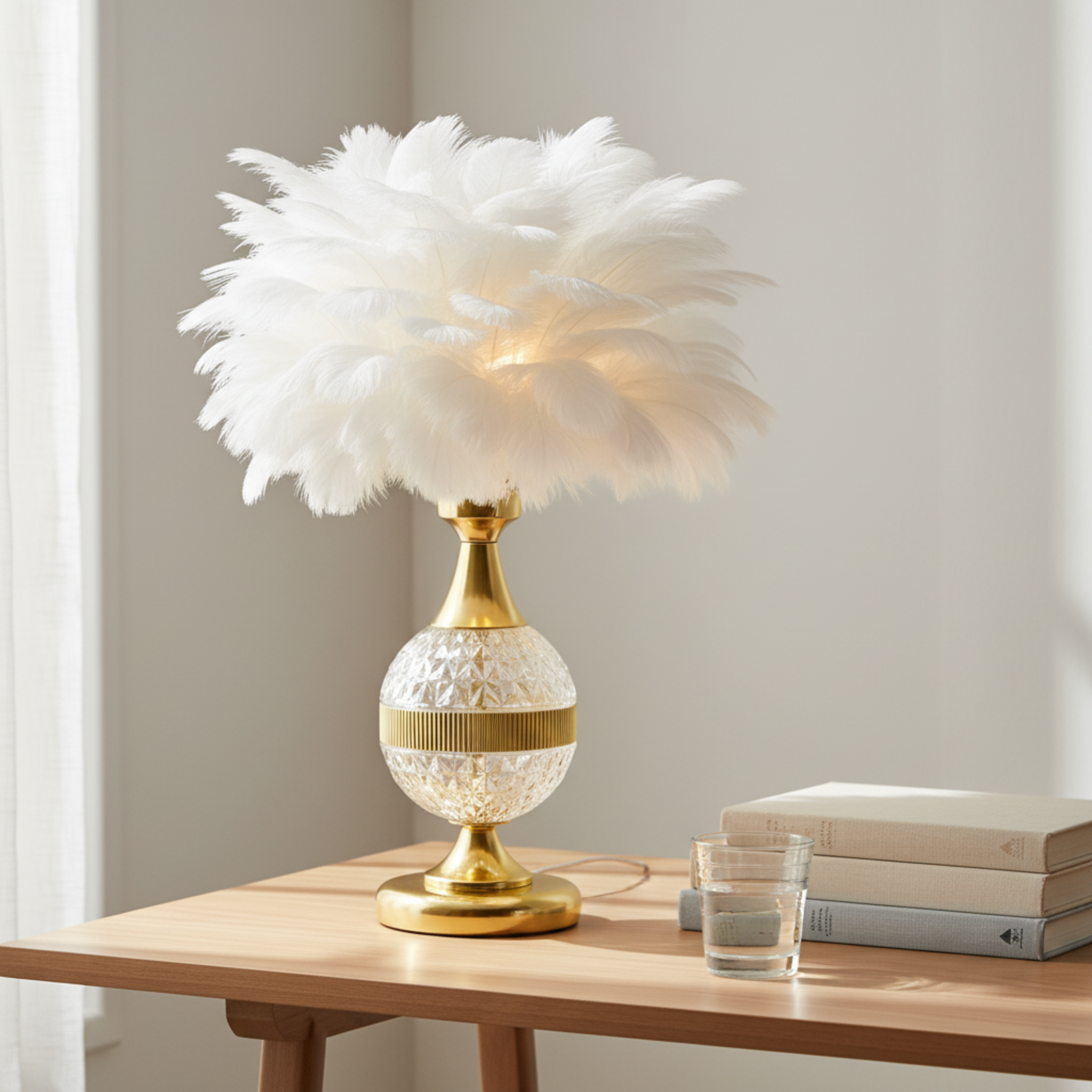 Lampe de Chevet à Plumes Blanches – Veilleuse Élégante Dorée Tunisie | Fiolla Home