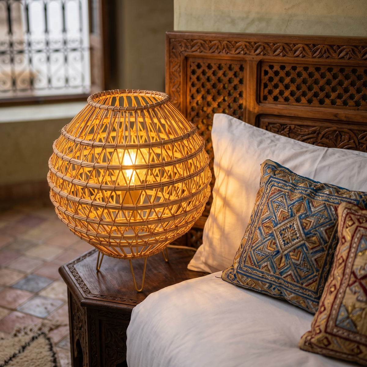 Lampe à Poser Palmier Tunisie | Boule Tressée Bohème | Fiolla Home