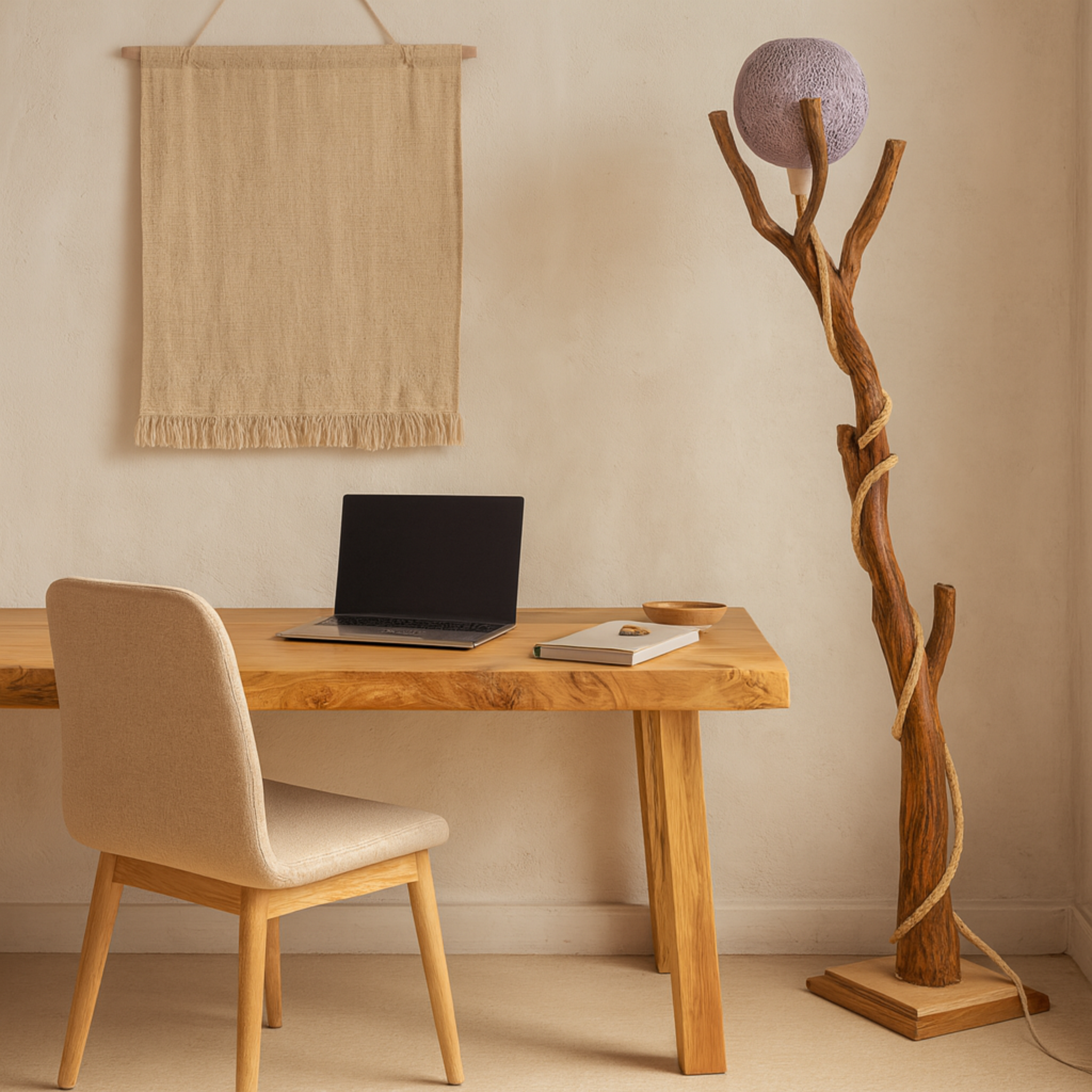 Lampadaire Artisanat Tunisien en Bois Naturel & Abat-Jour Tissé Violet