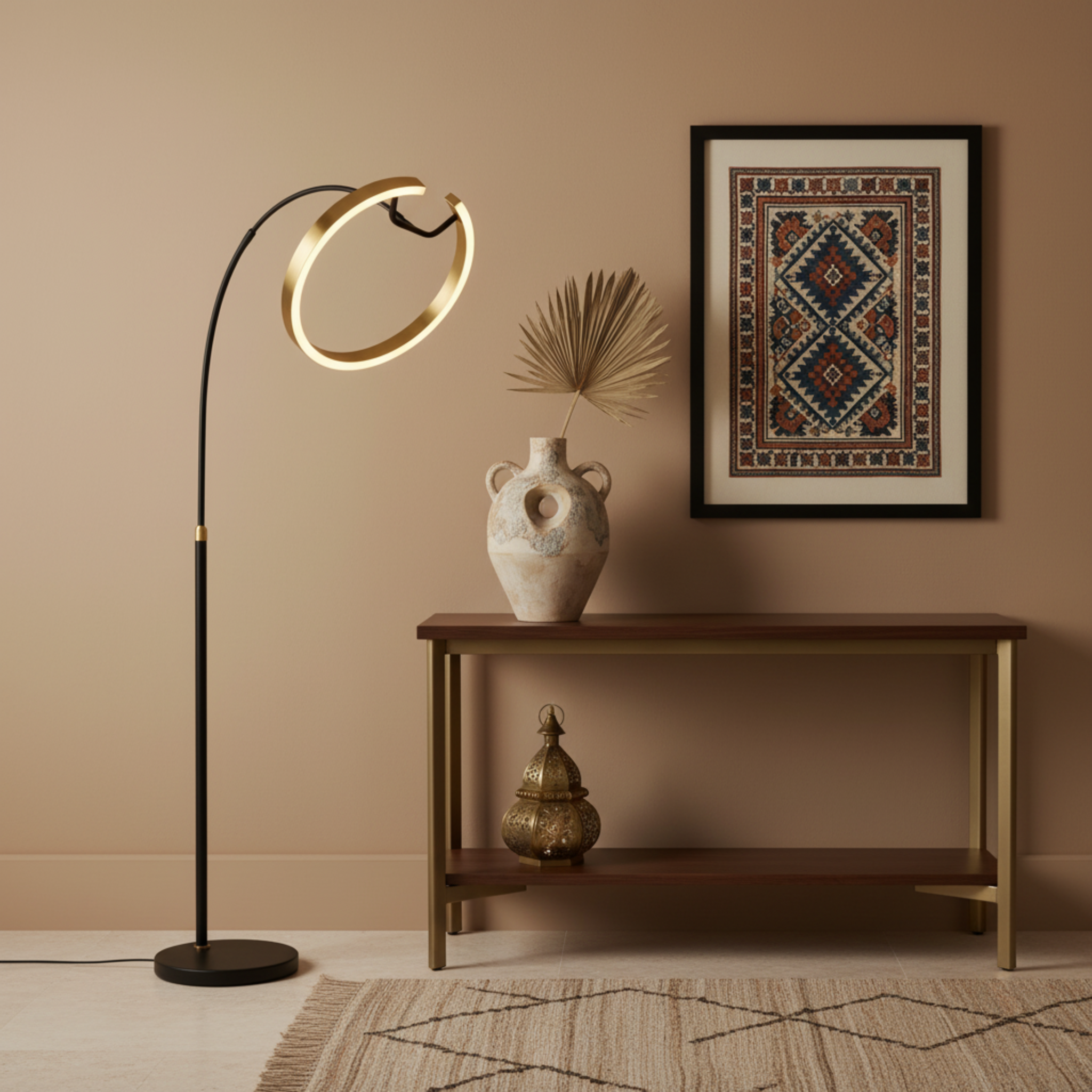 Lampadaire LED Anneau Doré Design Moderne – Éclairage Élégant