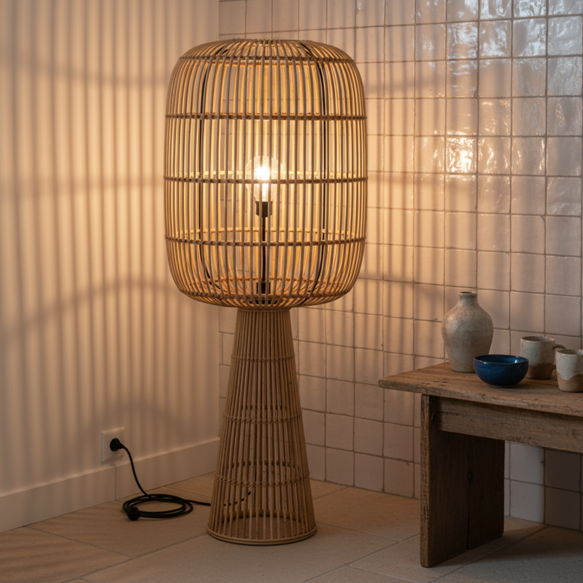 Lampadaire Sur Pied en Rotin Naturel – Design Bohème & Fait Main