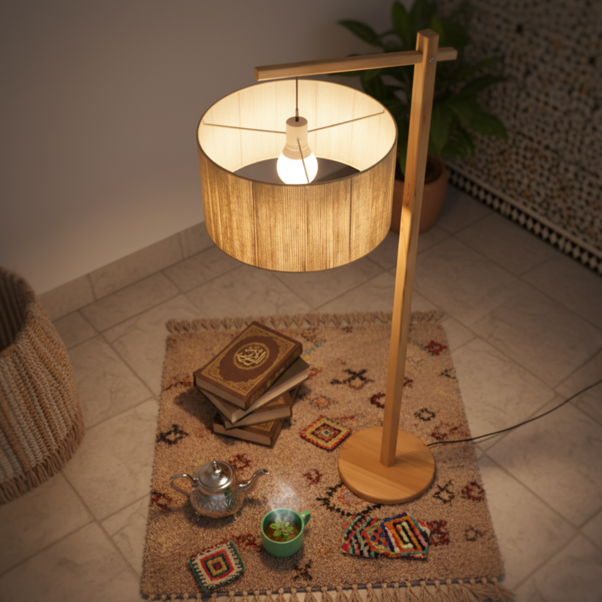 Lampadaire Bois à Bras Déporté | Abat-jour Jute | Fiolla Home Tunisie