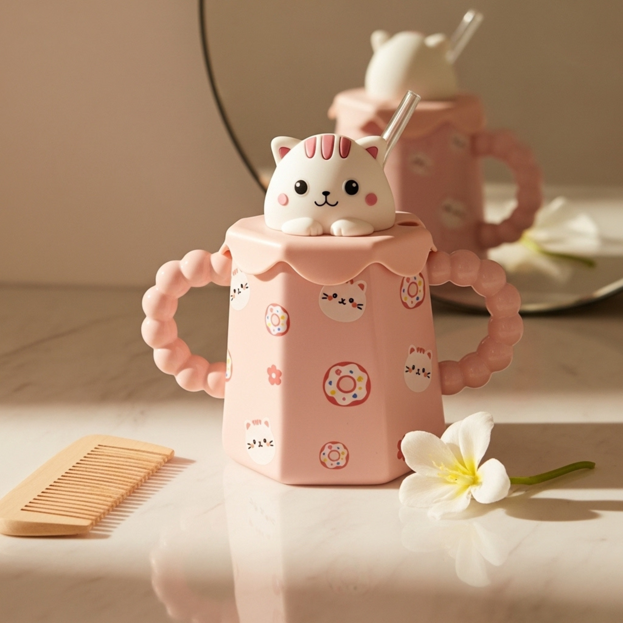 Mug Chat Rose avec Paille – Couvercle 3D & Poignée Perlée