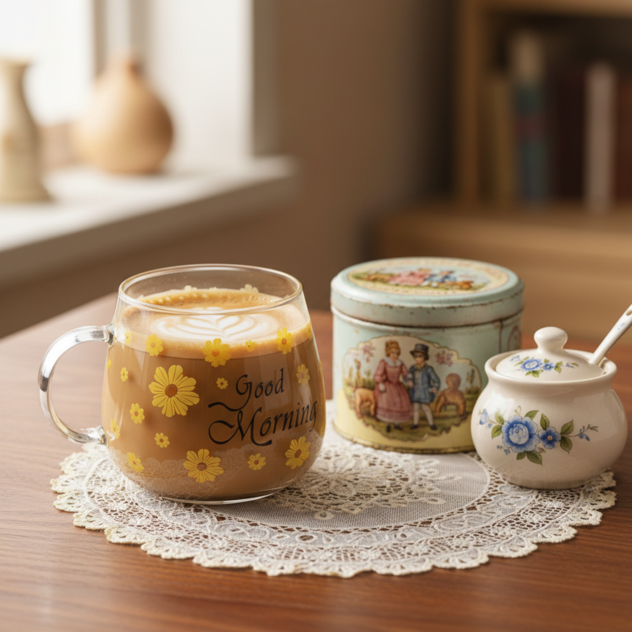 Mug en Verre Fleur Jaune "Good Morning" – Tasse Café & Latte Design