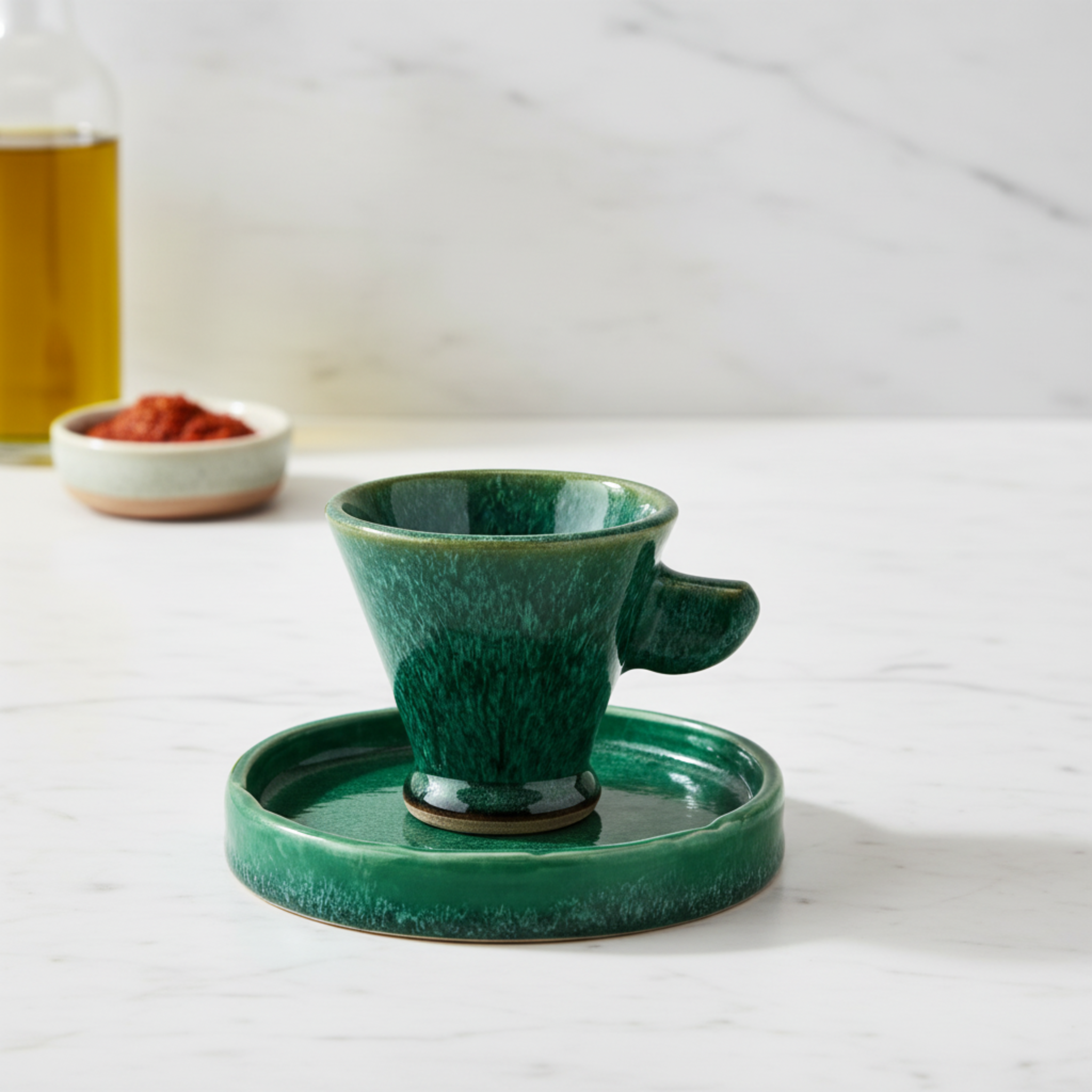 Tasse Conique avec Plateau – Céramique Émeraude Tunisienne