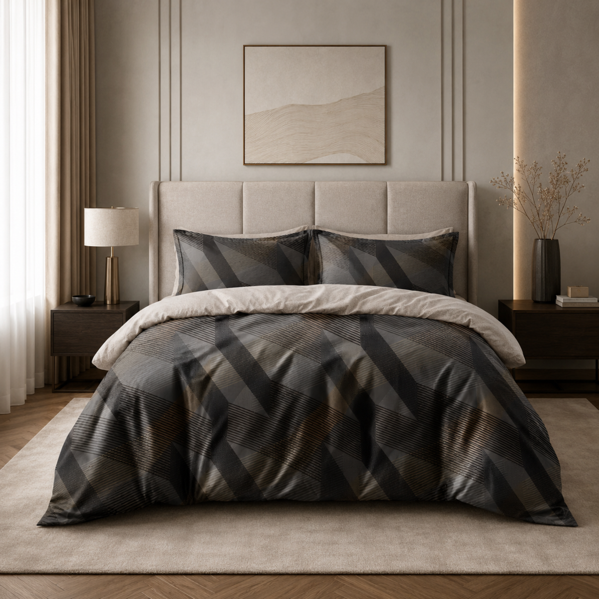 Parure de Lit Complète Satin Coton Motif Géométrique | Fiolla Home