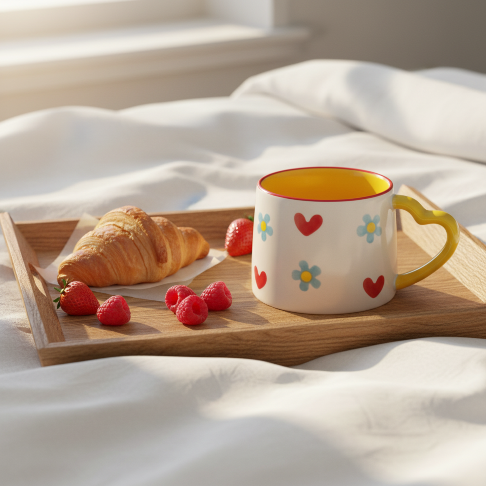 Mug Cœurs et Fleurs | Anse Jaune en Forme de Cœur