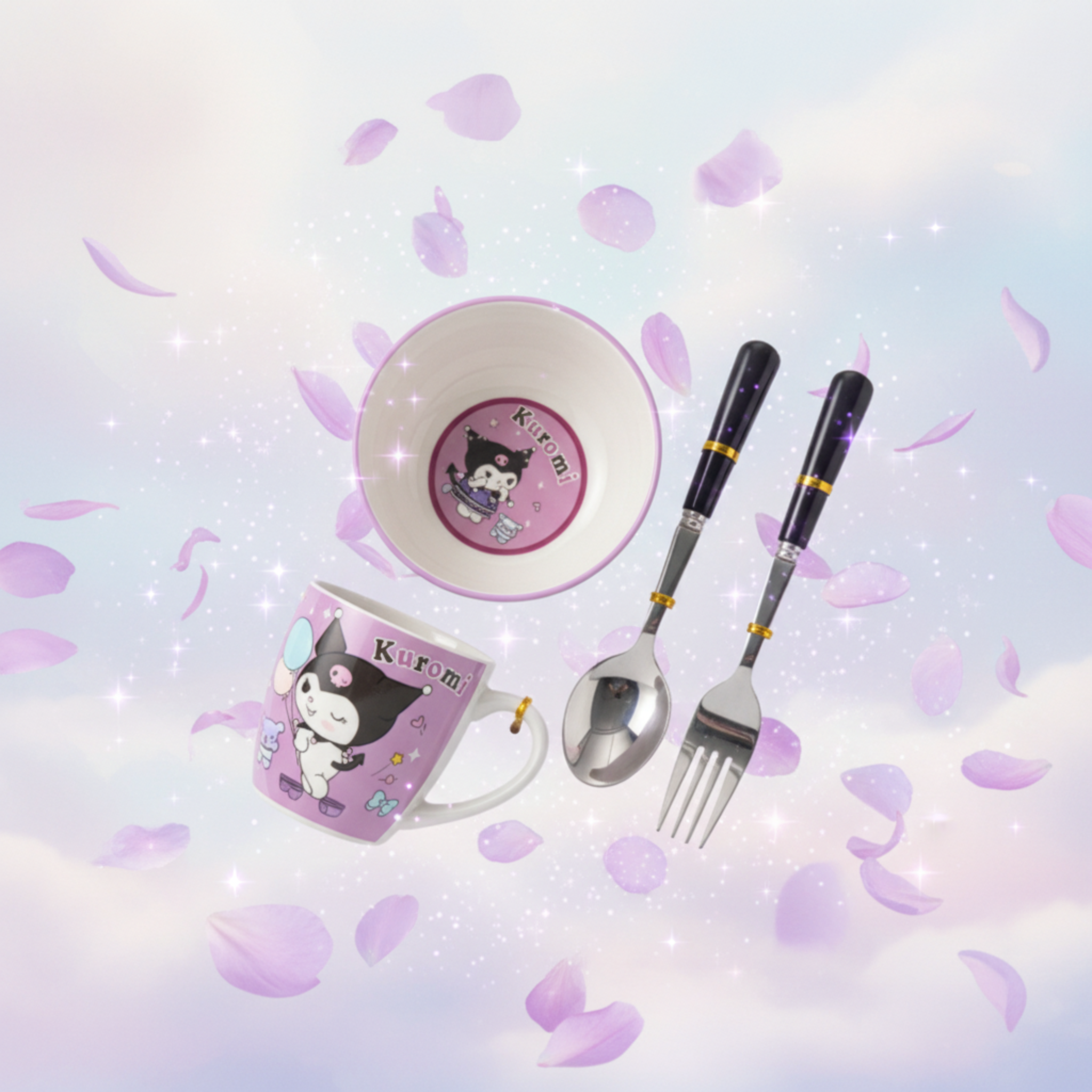 Coffret Petit Déjeuner Kuromi 4 Pièces : Tasse, Bol & Couverts