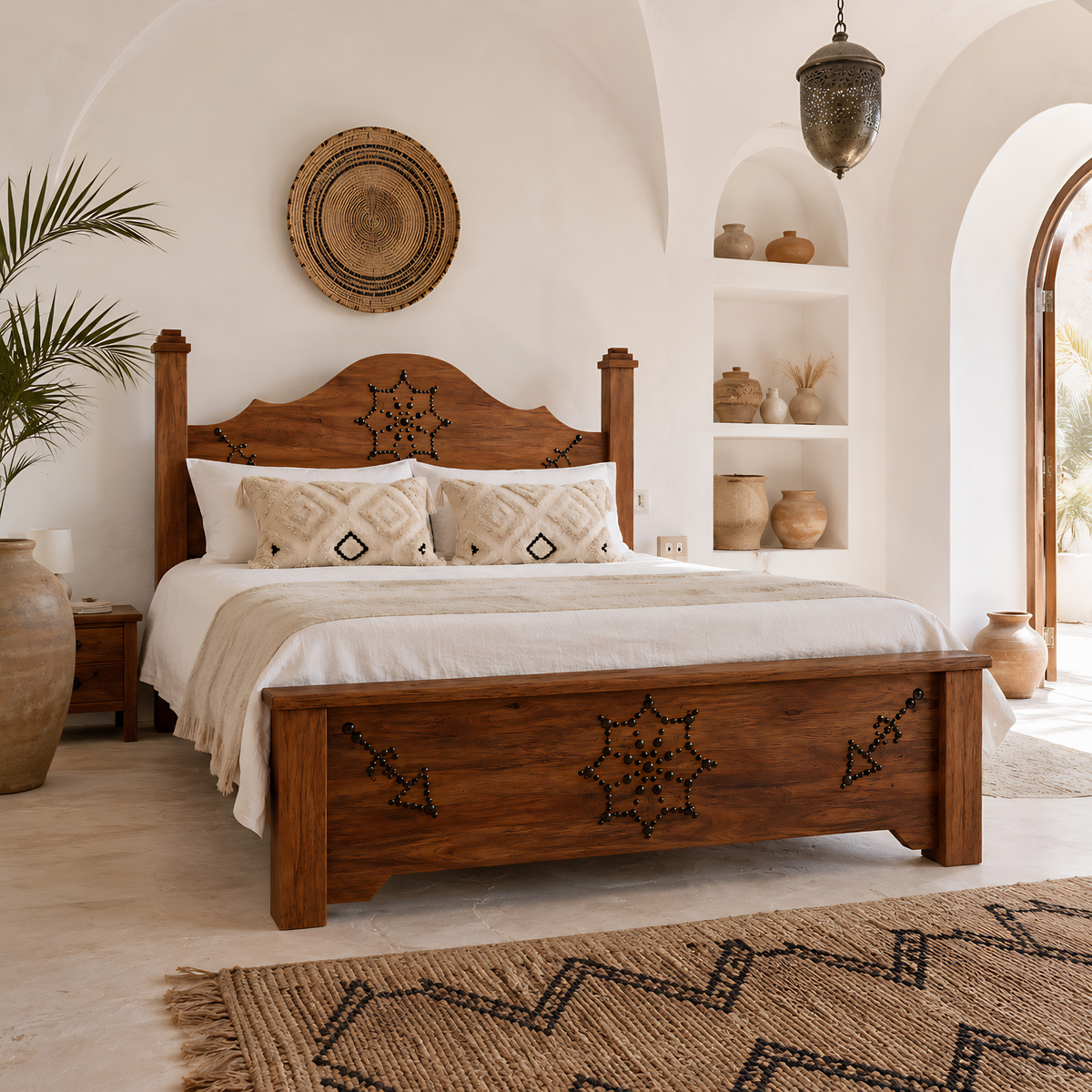 Lit Double Bois Palmier Dattier Clous Forgés 160x190 Tunisie | Fiolla Home