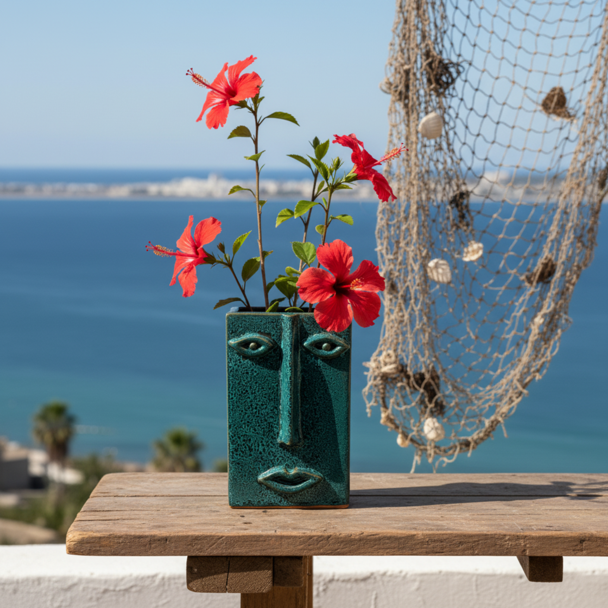 Vase Visage Rectangulaire en Céramique – Émeraude Tunisien