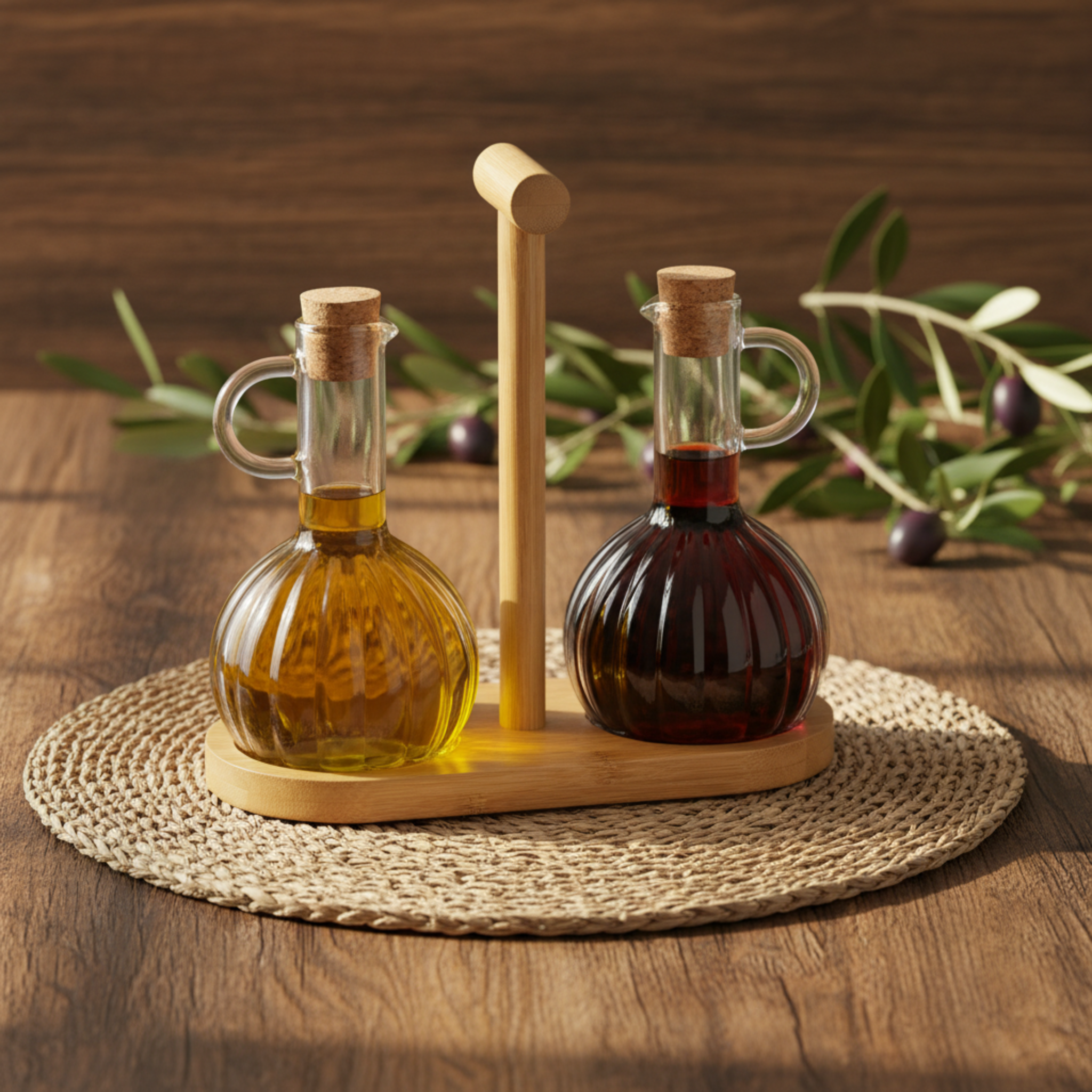 Duo Huilier & Vinaigrier en Verre avec Support Bois – Style Tunisien