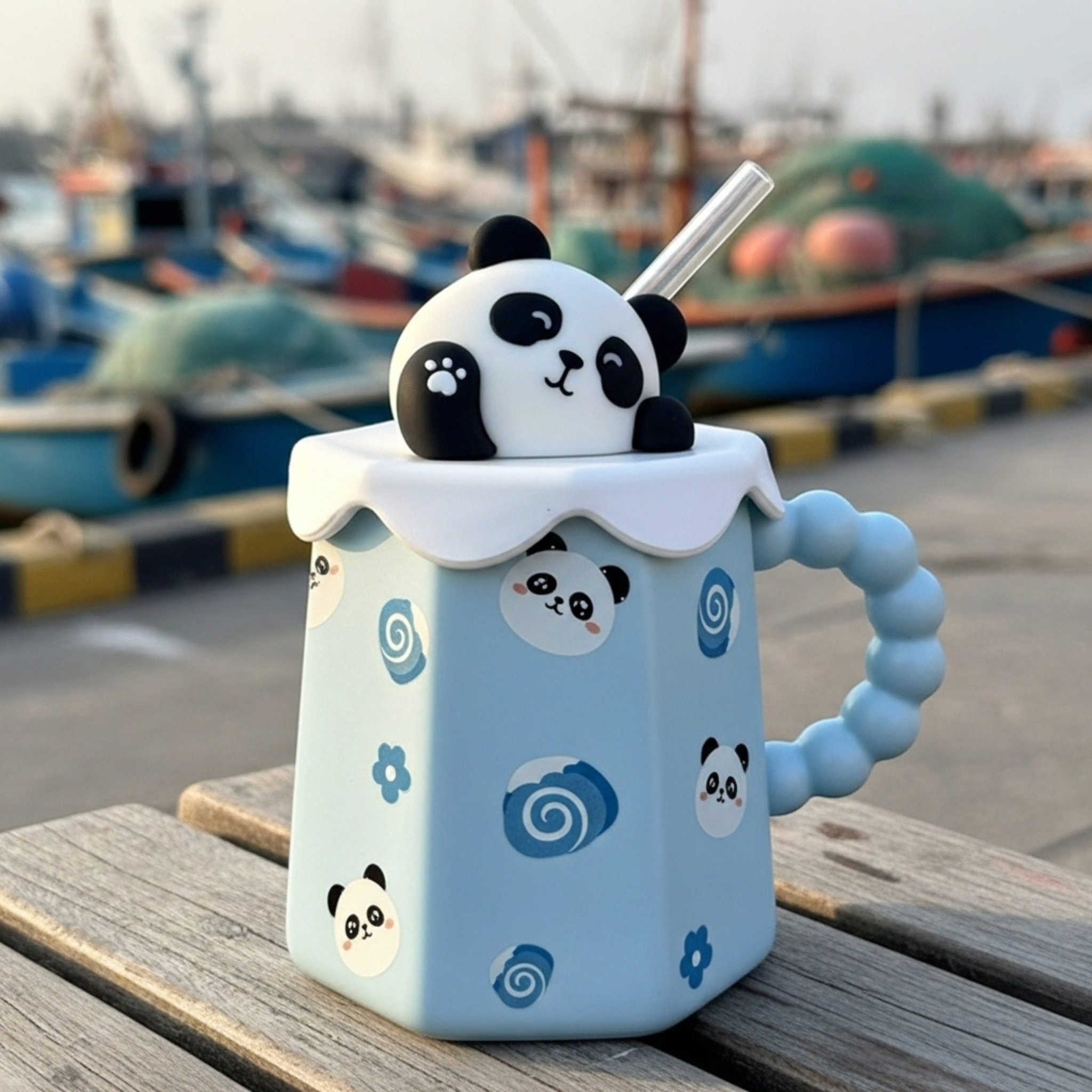 Mug Panda Bleu avec Paille – Couvercle 3D & Poignée Perlée
