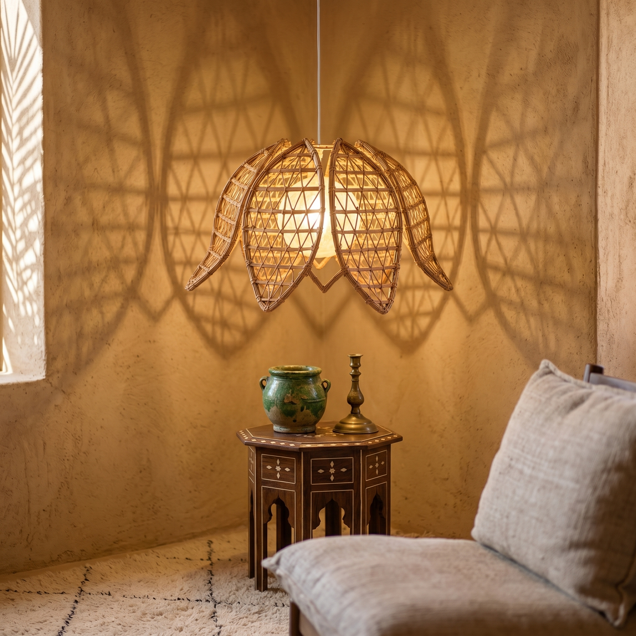 Lustre Fleur Palmier Tunisie | Suspension Bohème Tressée | Fiolla Home