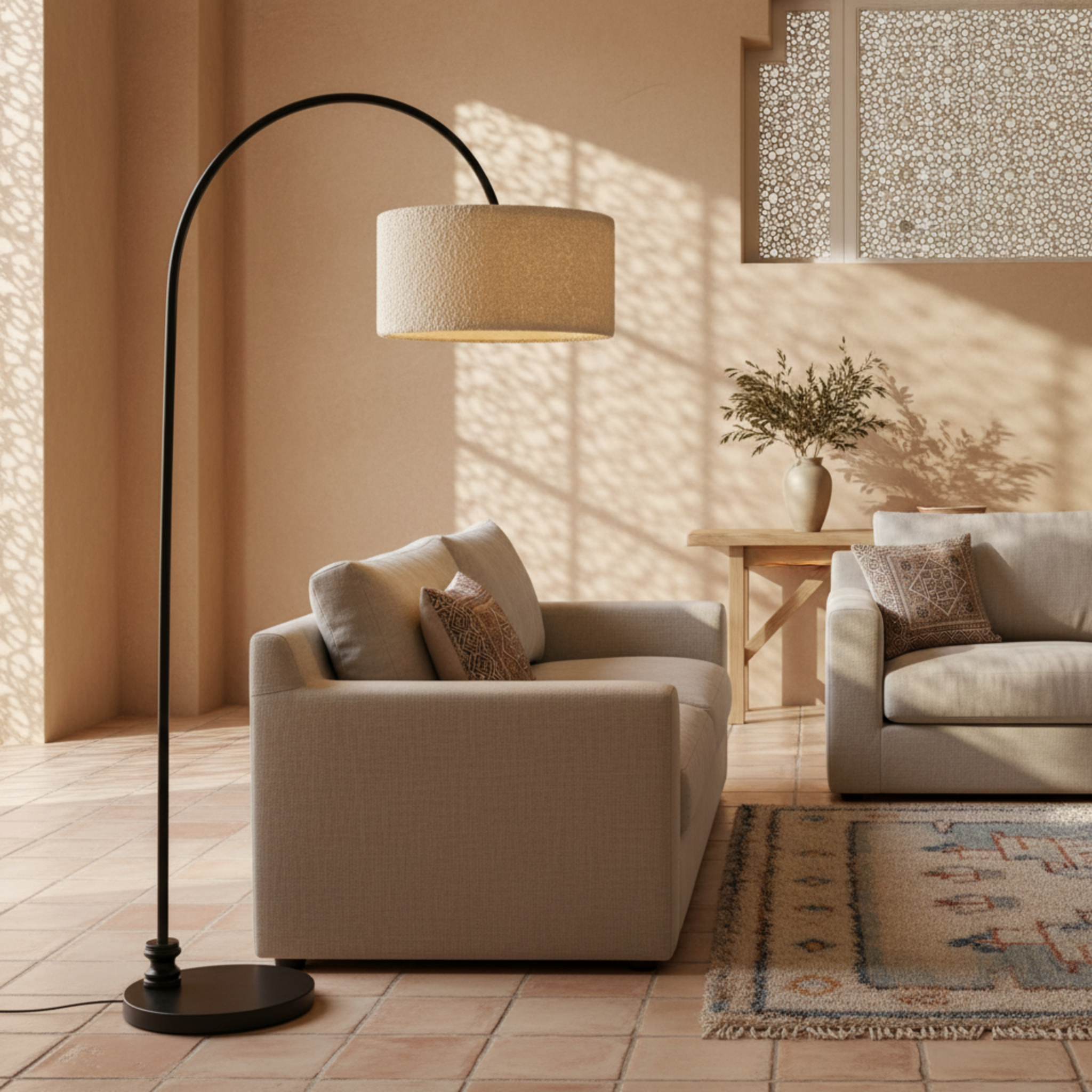 Lampadaire Girafe Design – Arc Métal & Abat-Jour Tissu Bouclette