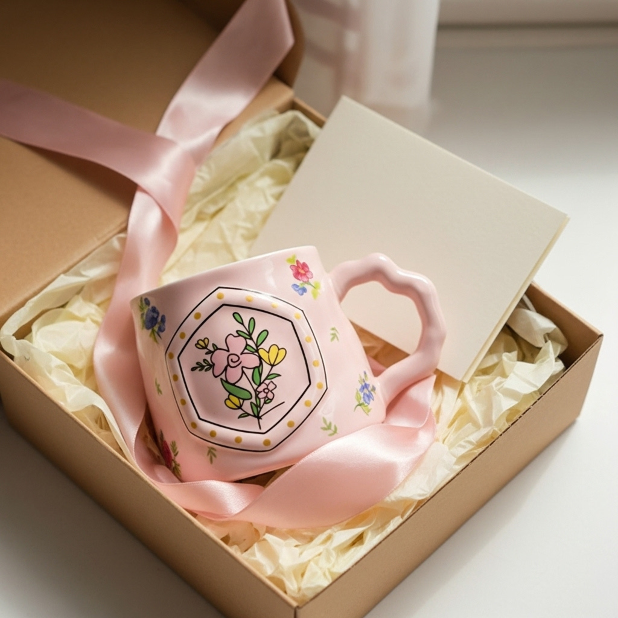 Mug Céramique Fleurie – Anse Sculptée, Minimal | Fiolla Home