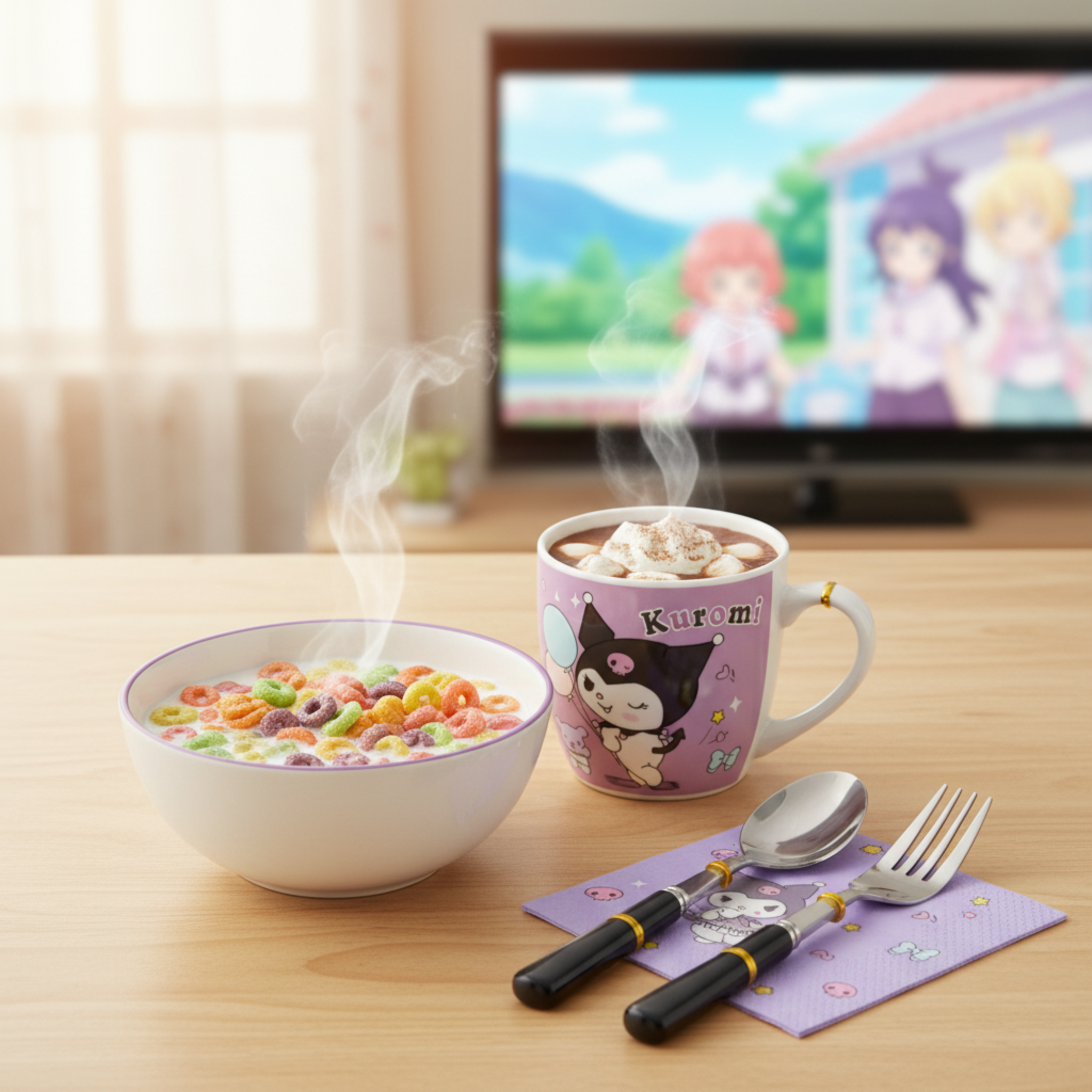 Coffret Petit Déjeuner Kuromi 4 Pièces : Tasse, Bol & Couverts