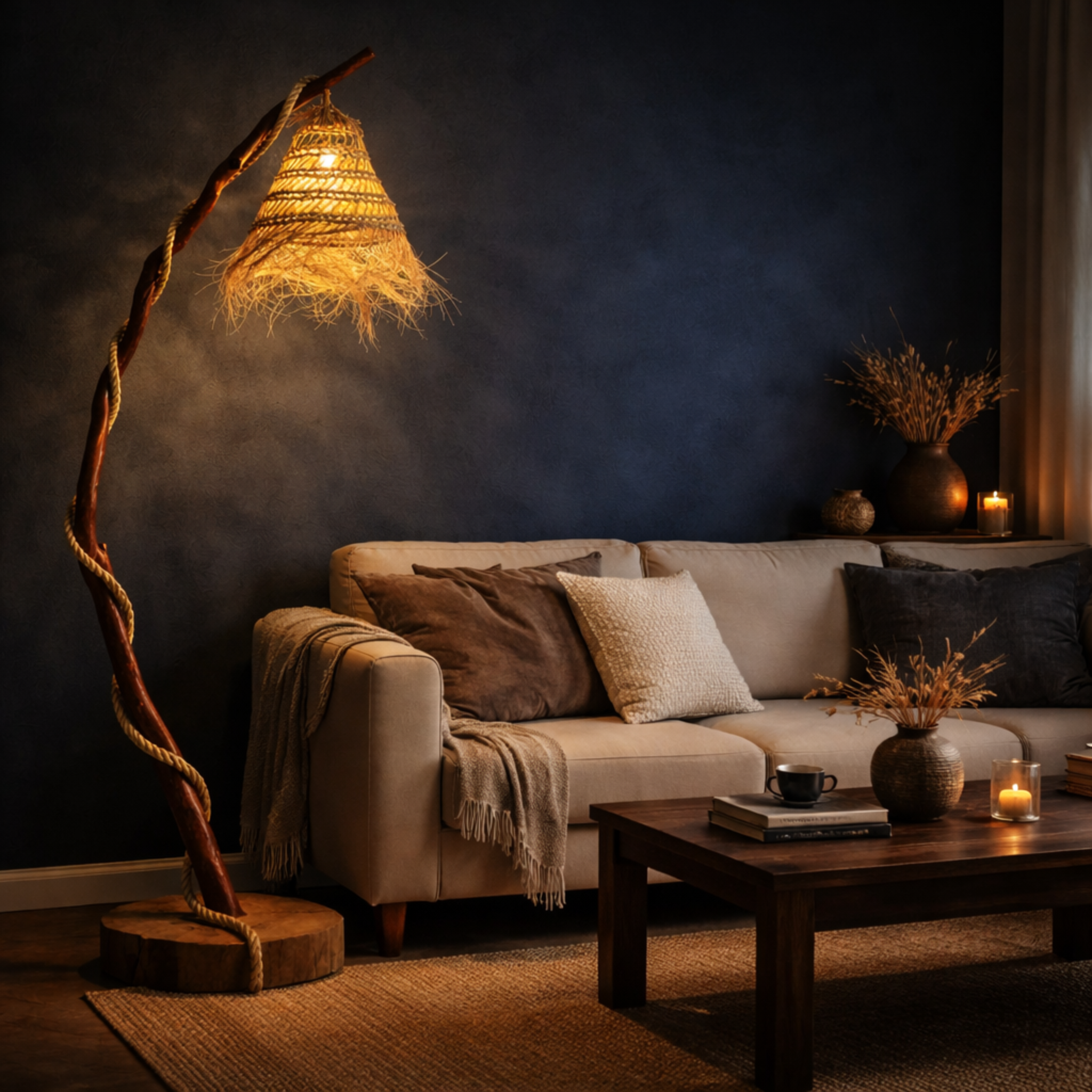Lampadaire Bois Flotté & Corde Style Bohème - Déco Salon Tunisie