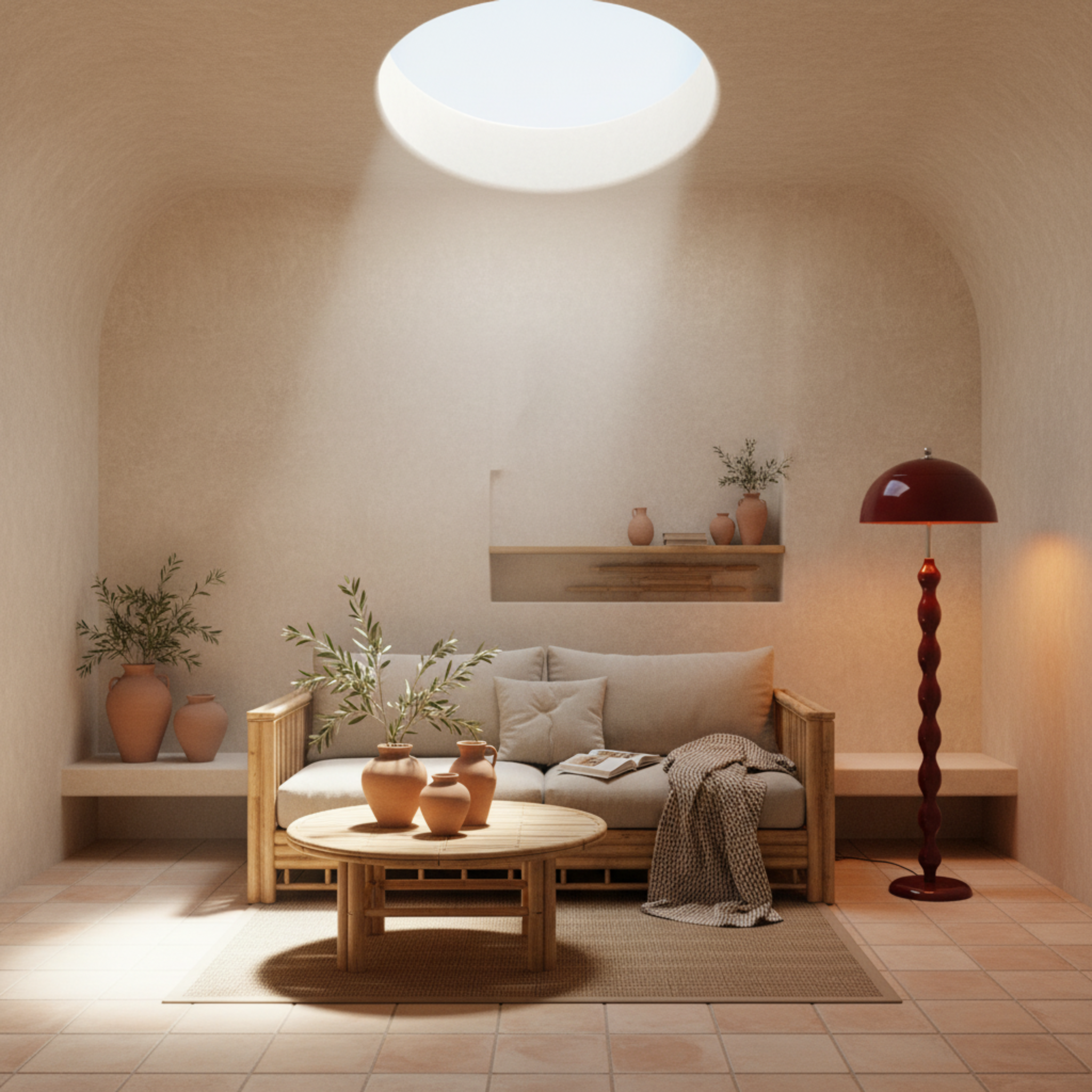 Lampadaire Design "Totem" Rouge Laqué | Luminaire Salon & Décoration Bohème Tunisie