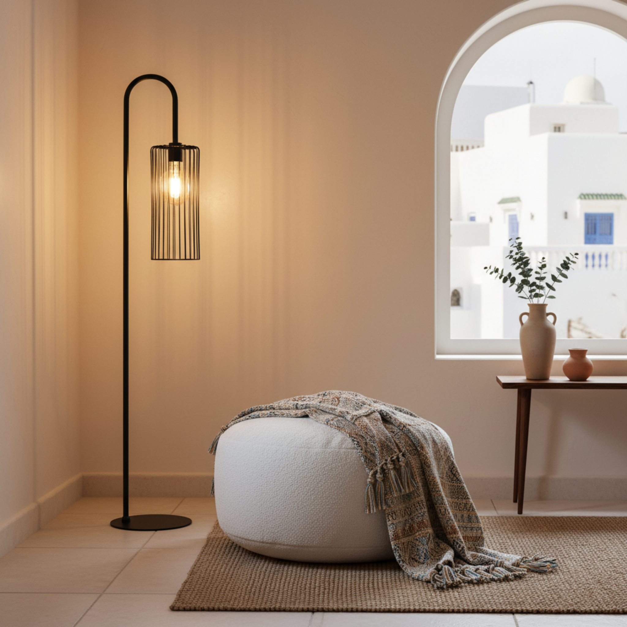 Lampadaire Trépied Métal Noir & Abat-Jour Effet Tweed – Design Moderne