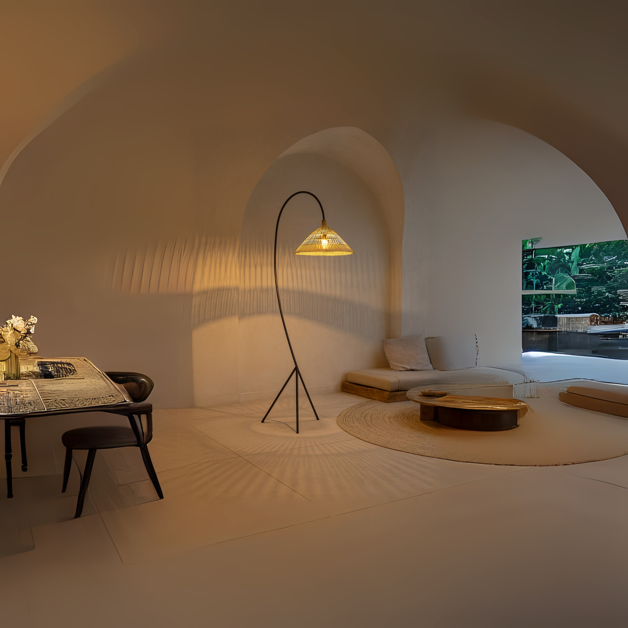 Lampadaire Arc Rotin Tunisie | Métal Noir Design | Fiolla Home