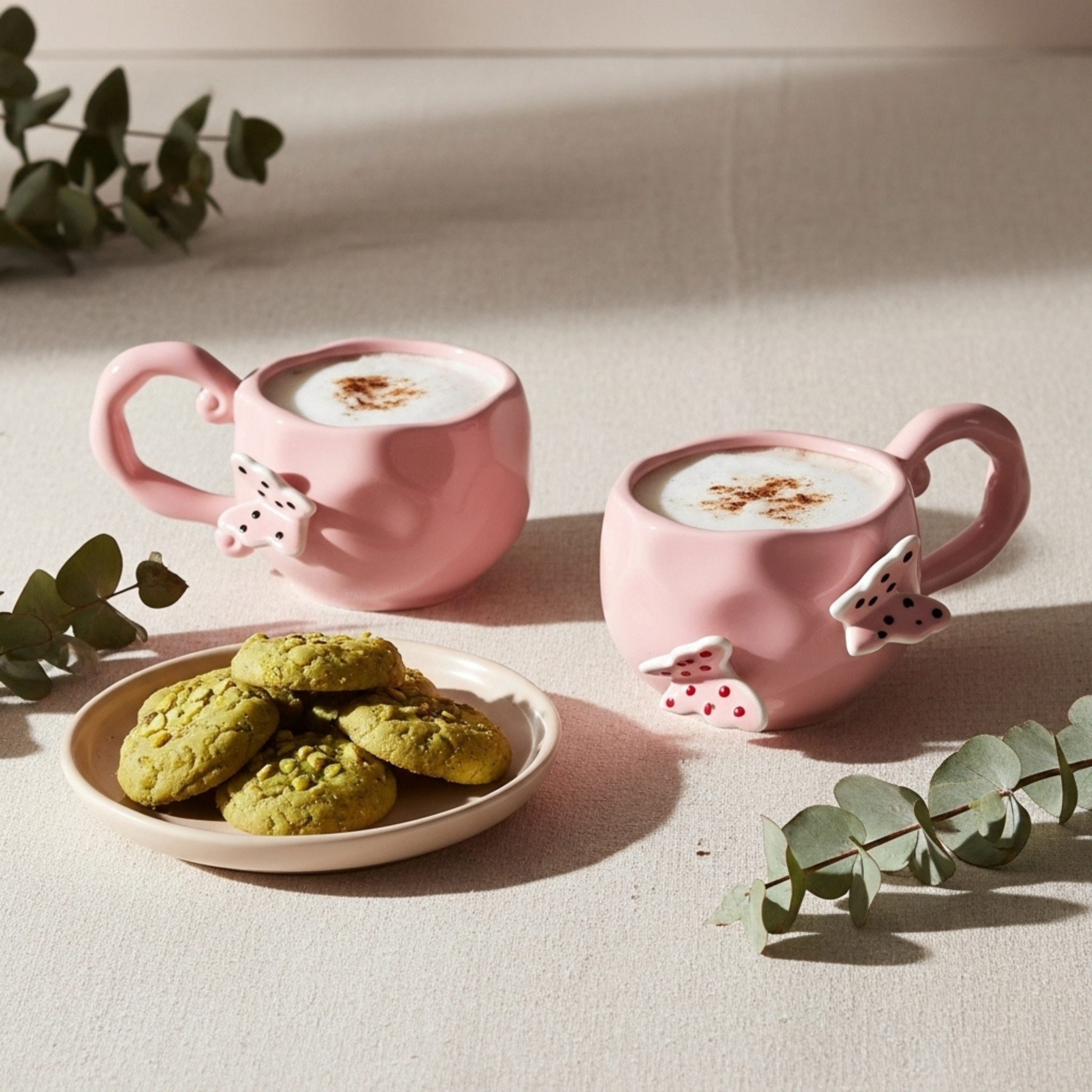Mug Céramique Rose Papillons – Anse Sculptée | Fiolla Home Tunisie