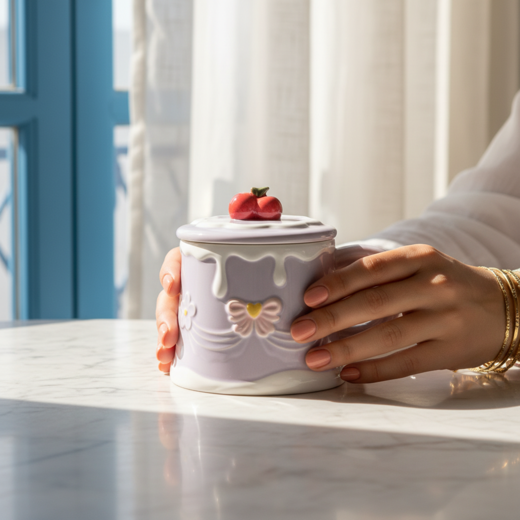 Mug Gâteau Mauve avec Couvercle Cerise – Idée Cadeau Originale Tunisie