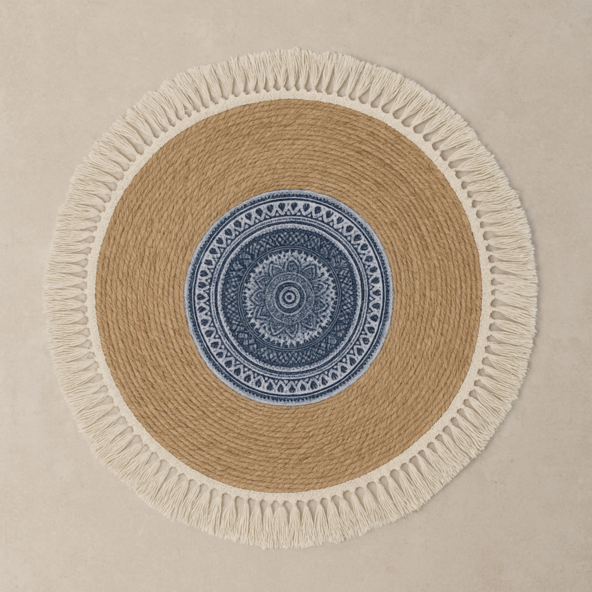 Tapis rond jute mandala bleu à franges | Tunisie | Fiolla Home