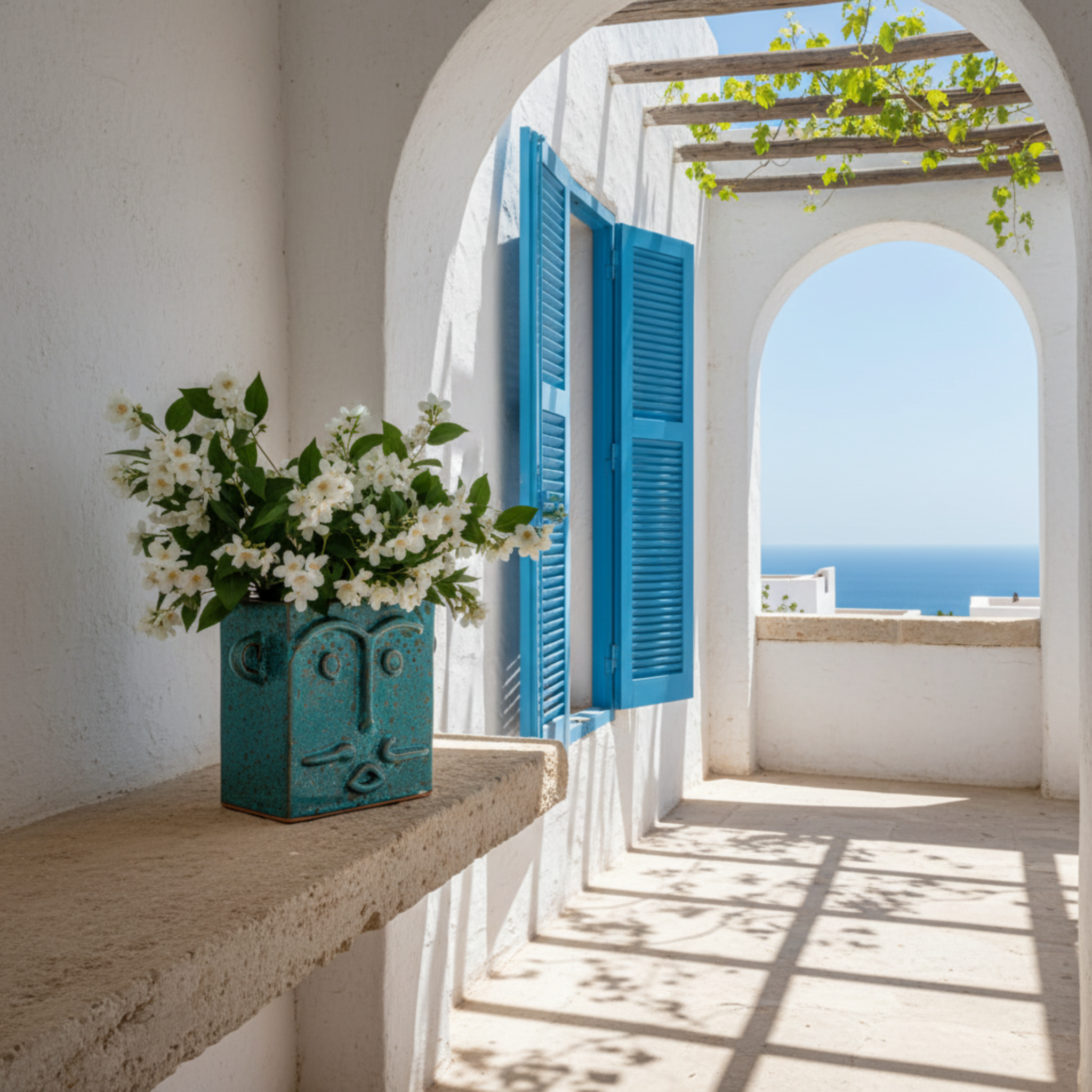 Vase Visage Carré en Céramique – Émail Émeraude Tunisien