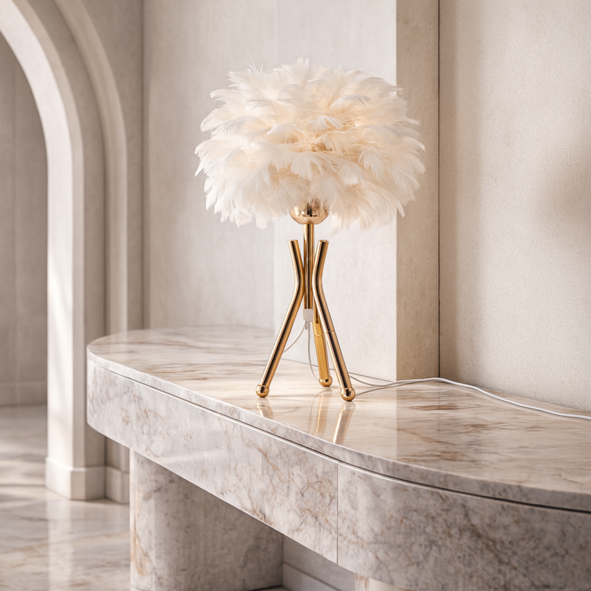 Lampe de Chevet à Plumes Blanc & Doré – Style Glamour Chic