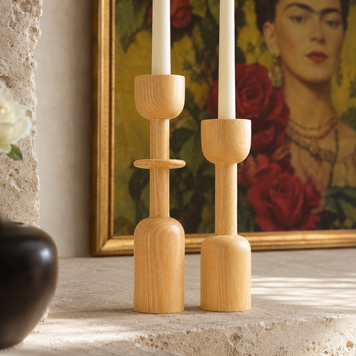 Lot 2 Bougeoirs Bois Tunisie | Porte-Bougies Clair Artisanal | Fiolla Home
