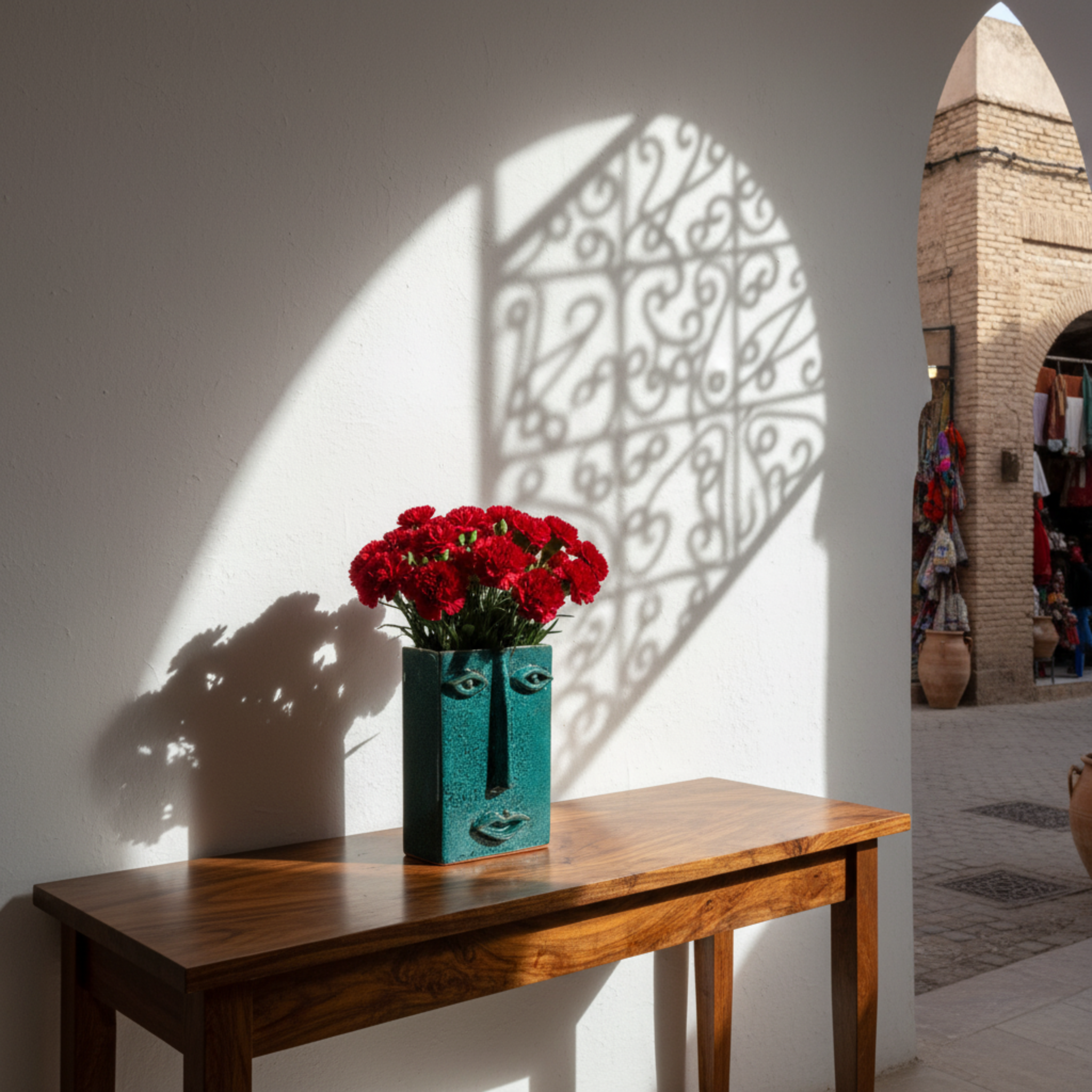 Vase Visage Rectangulaire en Céramique – Émeraude Tunisien