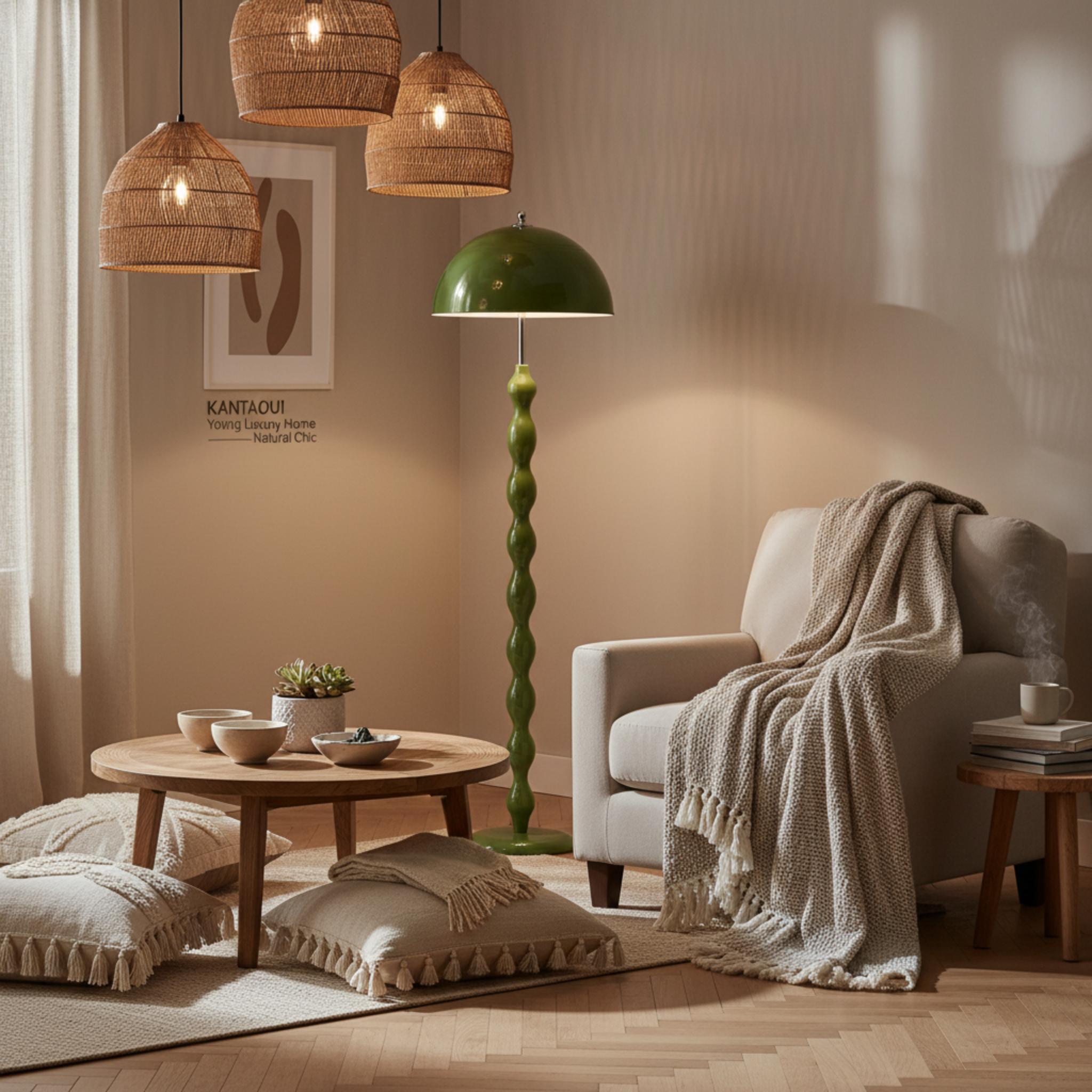 Lampadaire Design "Totem" Vert Olive | Luminaire Salon Style Nature & Rétro Tunisie