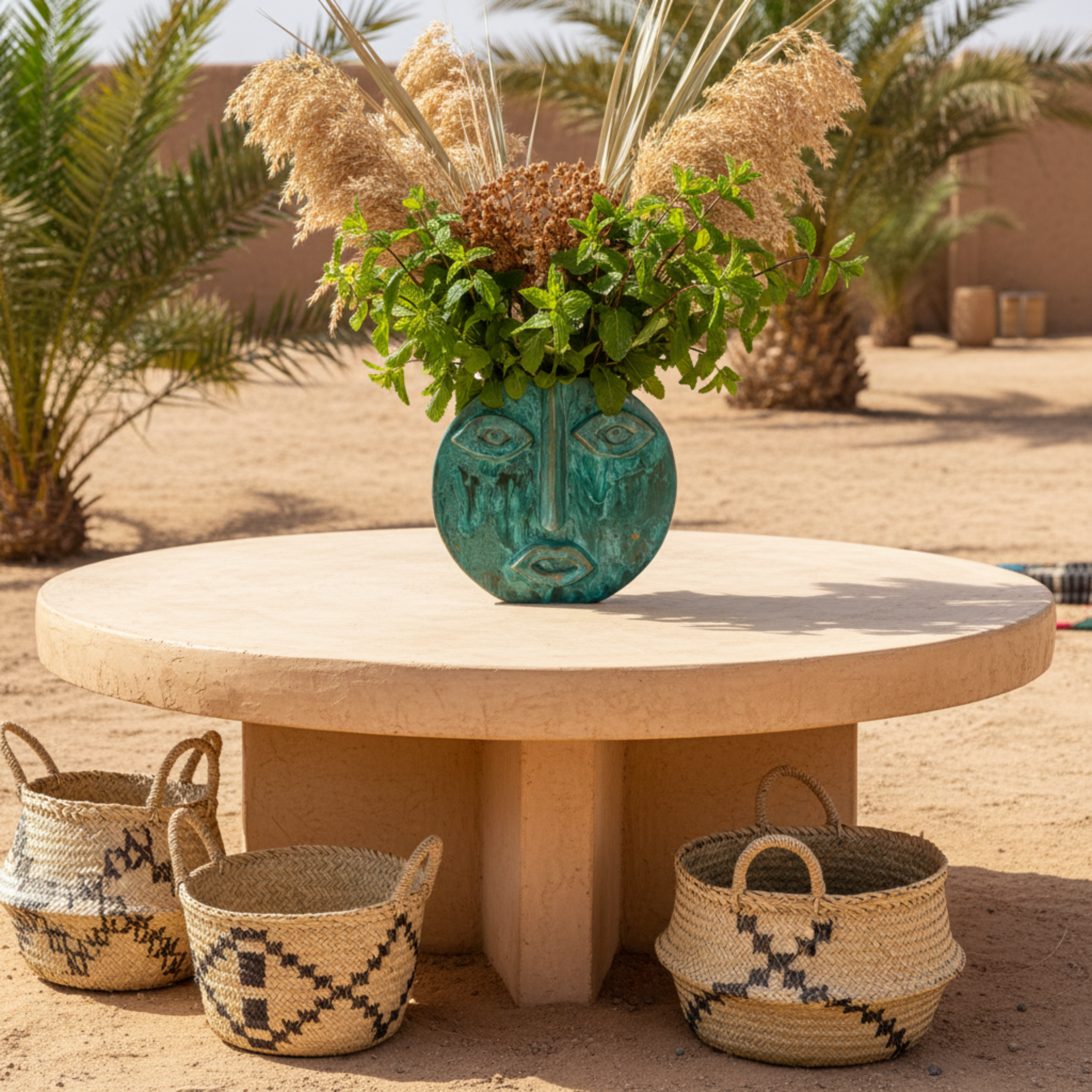 Vase Visage Rond en Céramique – Émail Émeraude Tunisien