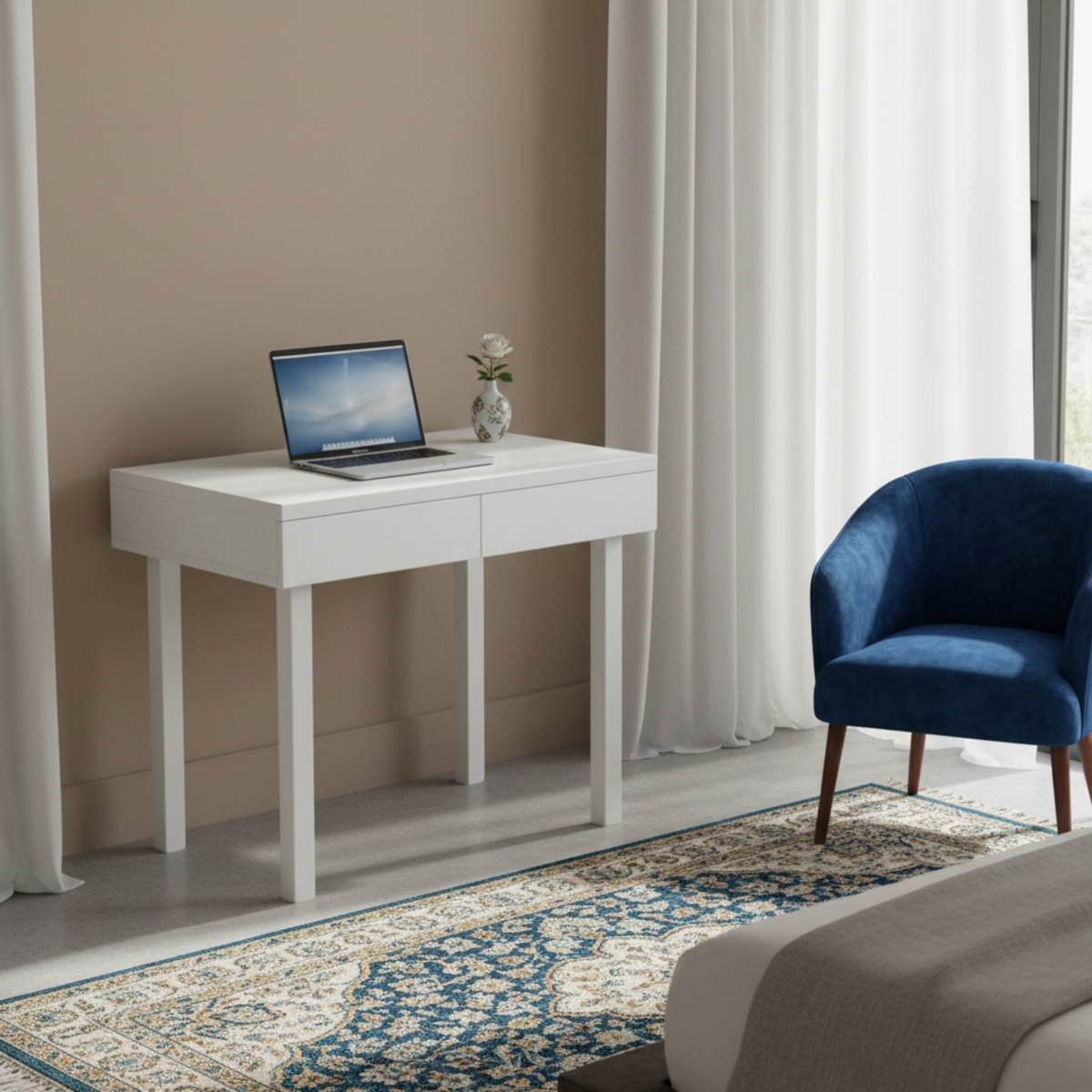 Coiffeuse Bureau 2-en-1 : Miroir LED & Rangement Spacieux - Blanc