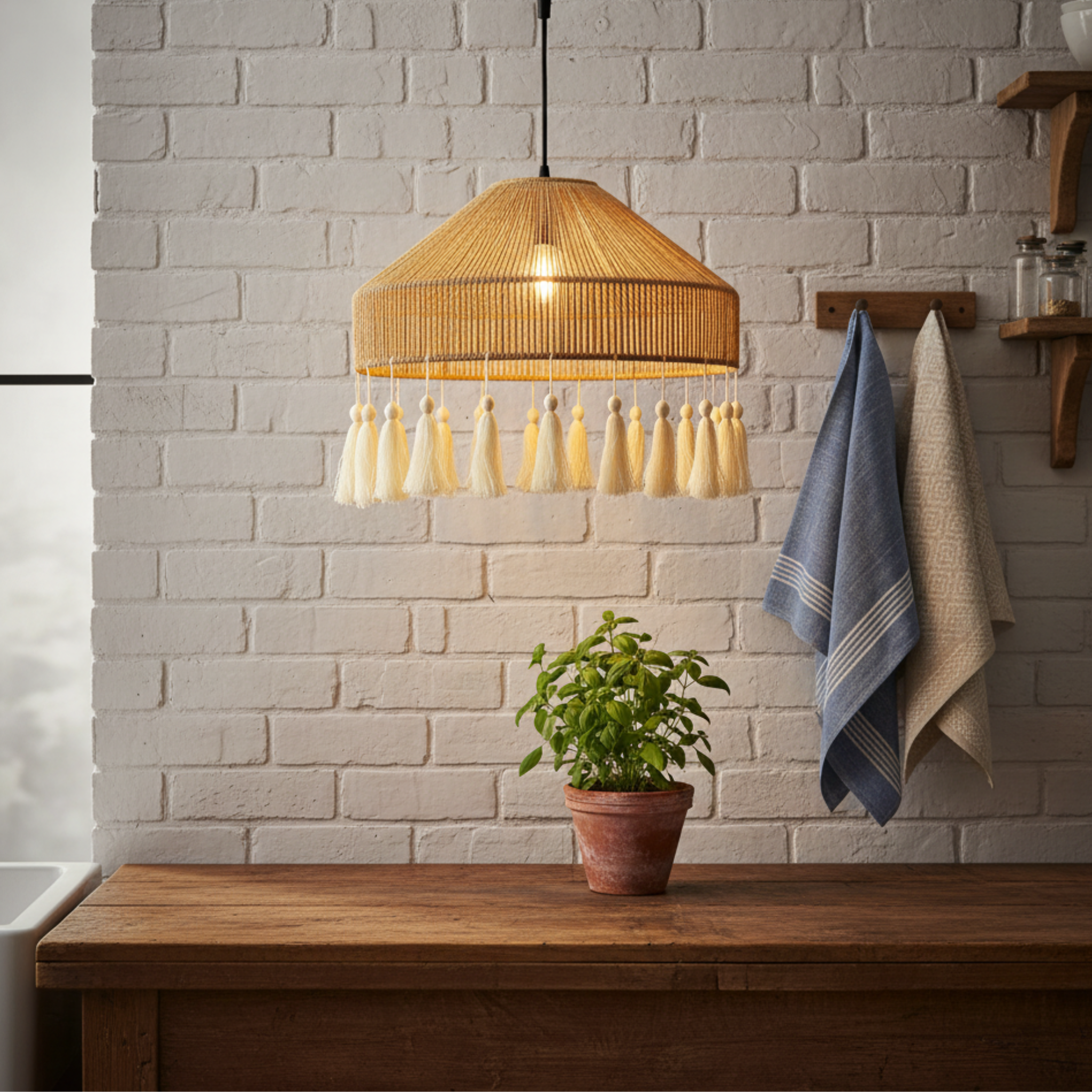 Suspension "Elyssa" Double Niveau en Jute Naturel et Pompons