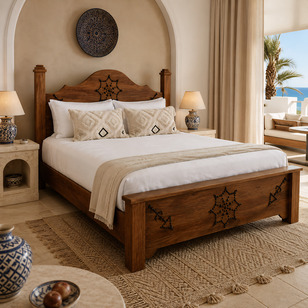 Lit Double Bois Palmier Dattier Clous Forgés 160x190 Tunisie | Fiolla Home