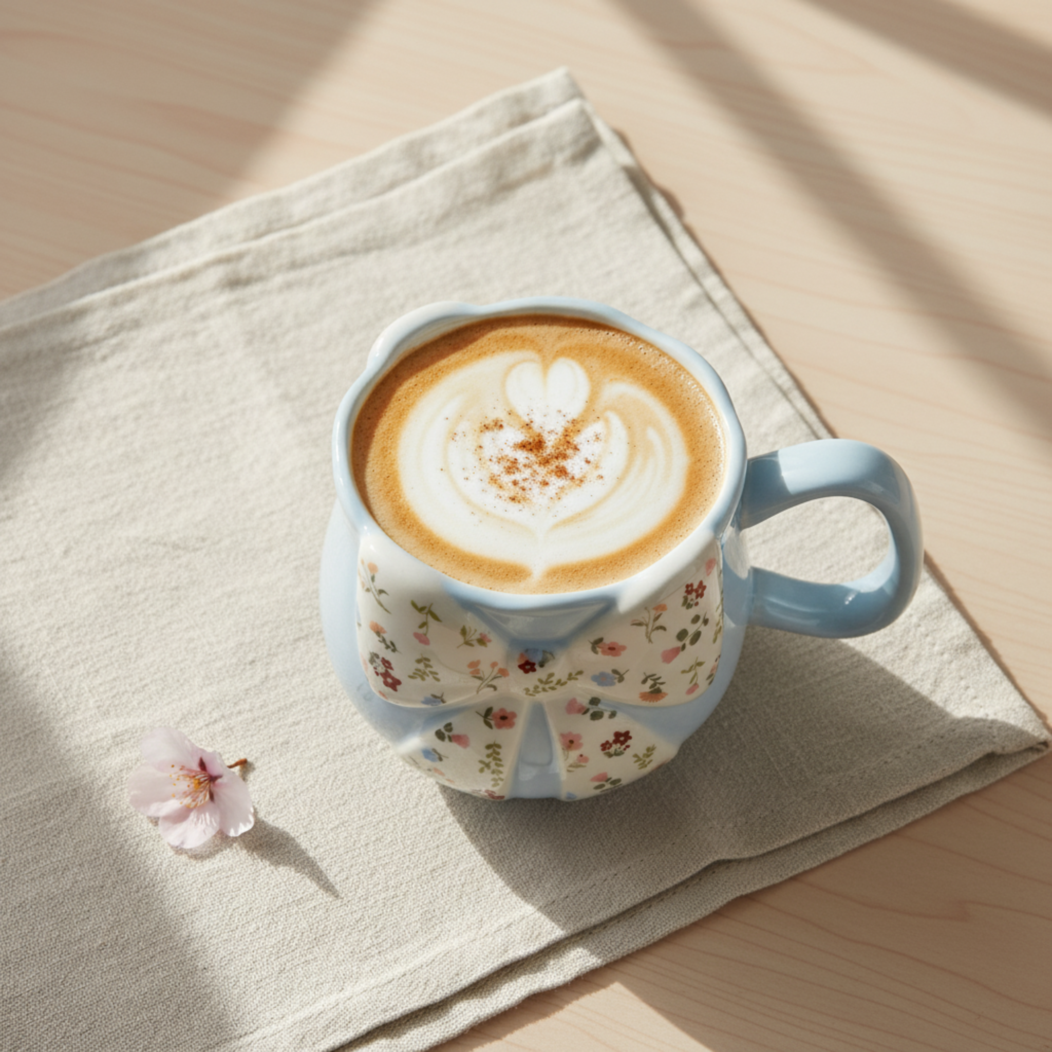Mug Céramique Bleu Pastel & Nœud Floral – Tasse "Coquette" Tendance