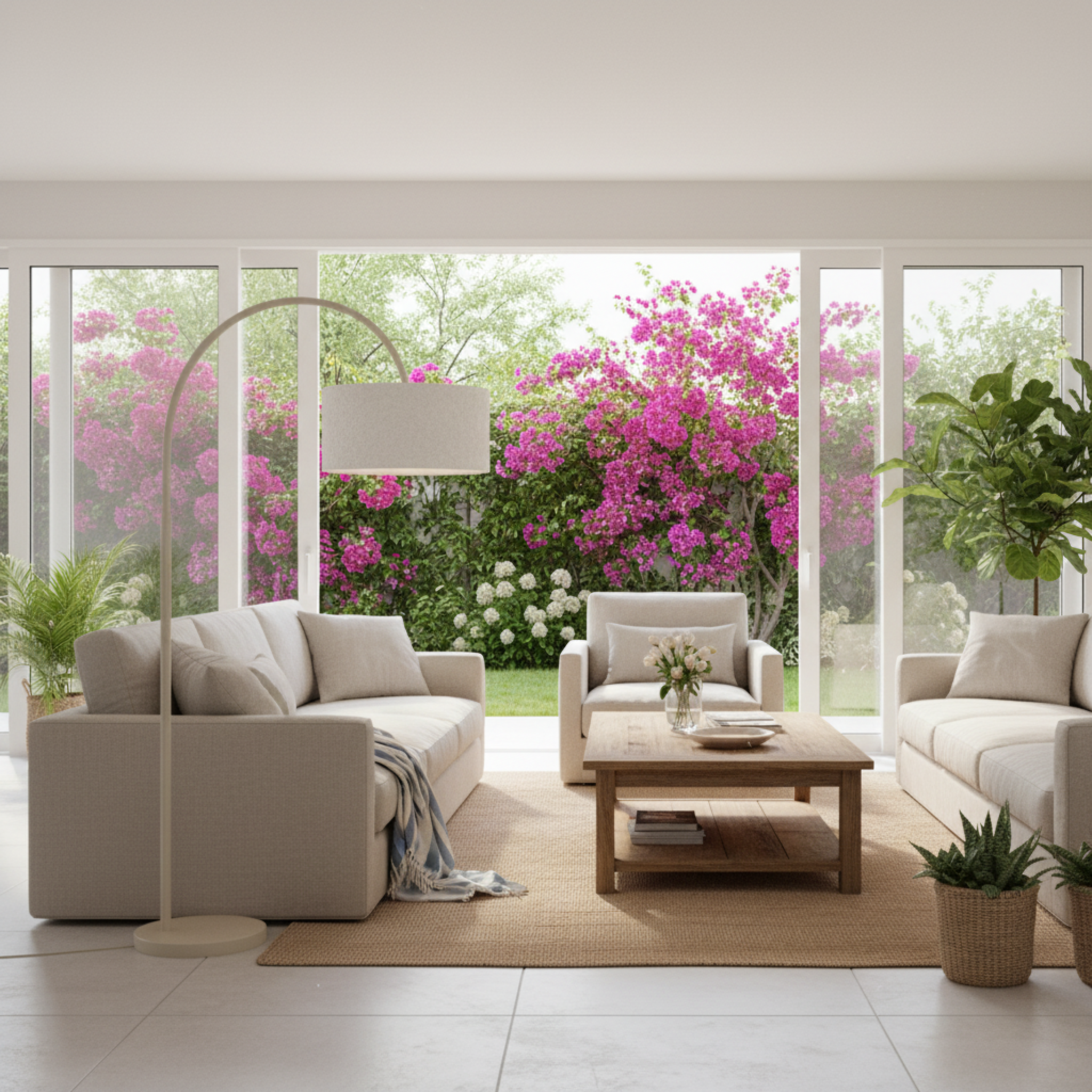 Lampadaire Arc Design en Tissu Bouclette Grège – Élégance Tunisie