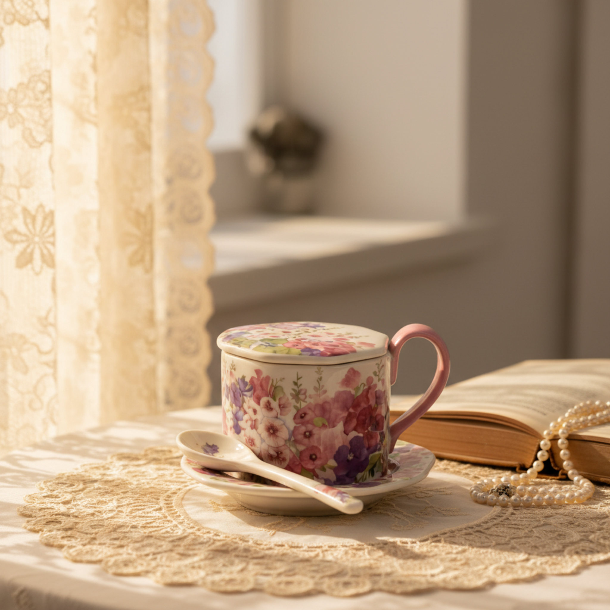 Mug Vintage Floral avec Couvercle et Cuillère – Idée Cadeau Tunisie