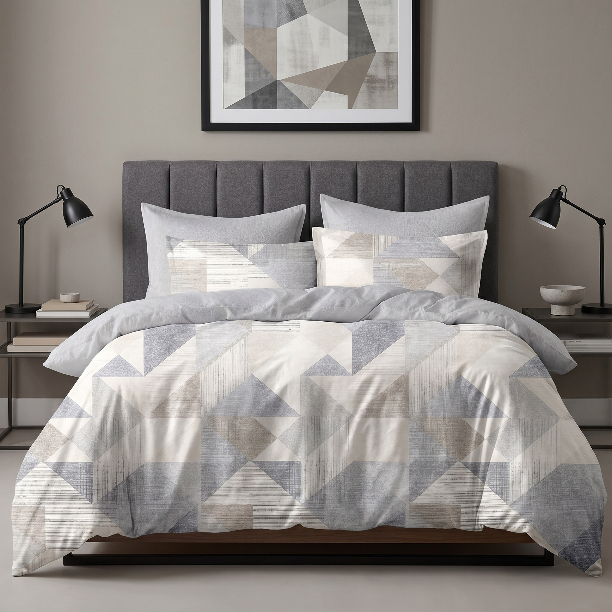 Ensemble Parure de Lit Satin Coton Motif Triangles Bleu Gris | Fiolla Home