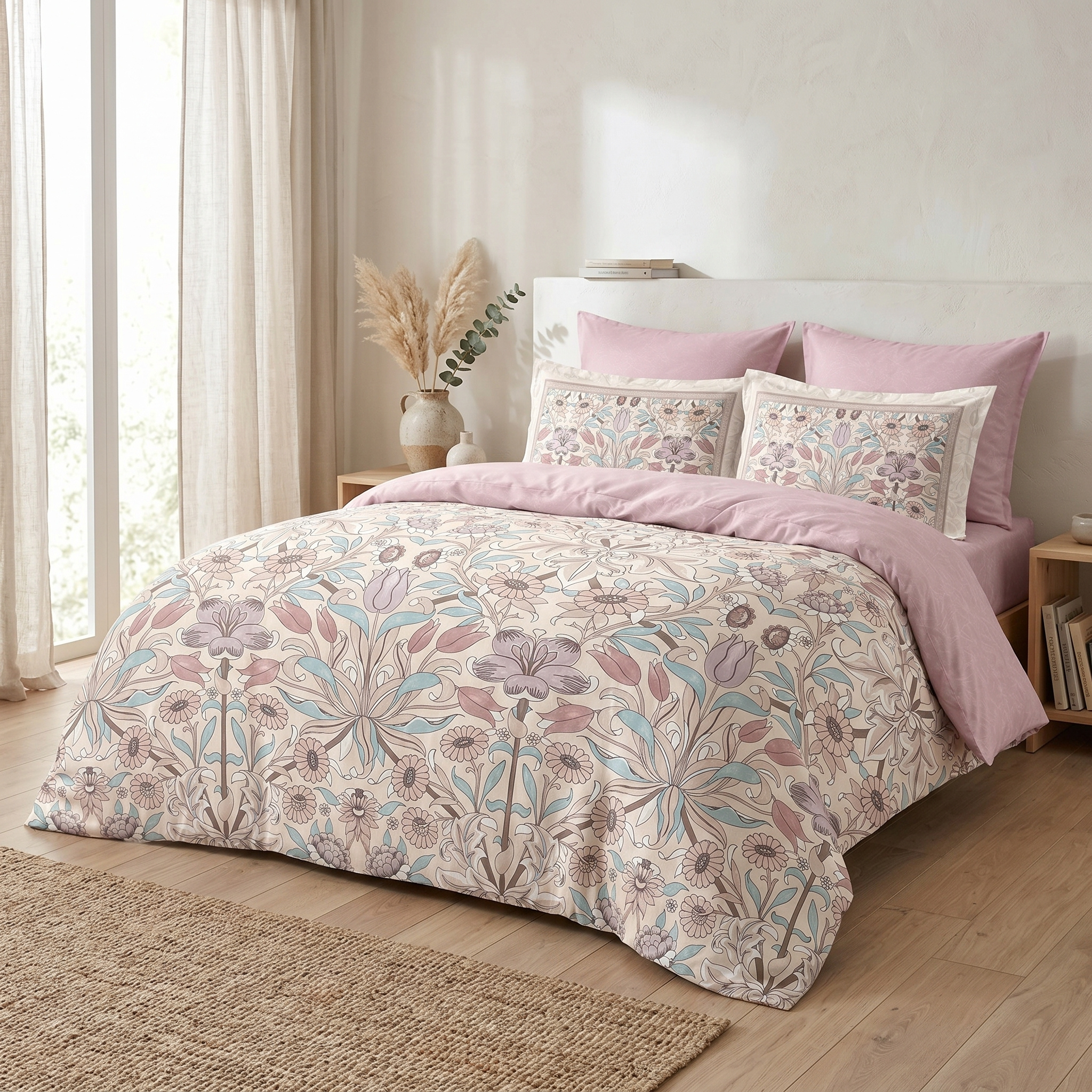Ensemble Parure de Lit Satin Coton Motif Floral Vintage Rose | Fiolla Home