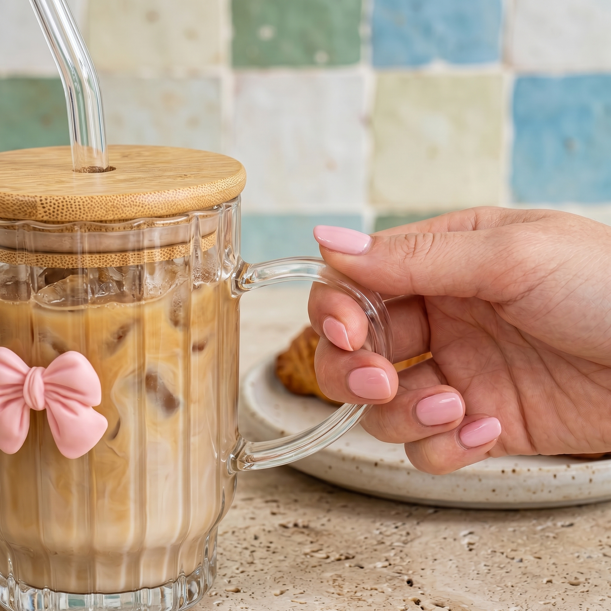 Mug Verre Nœud Rose Tunisie | Tasse Café Glacé Bambou | Fiolla Home