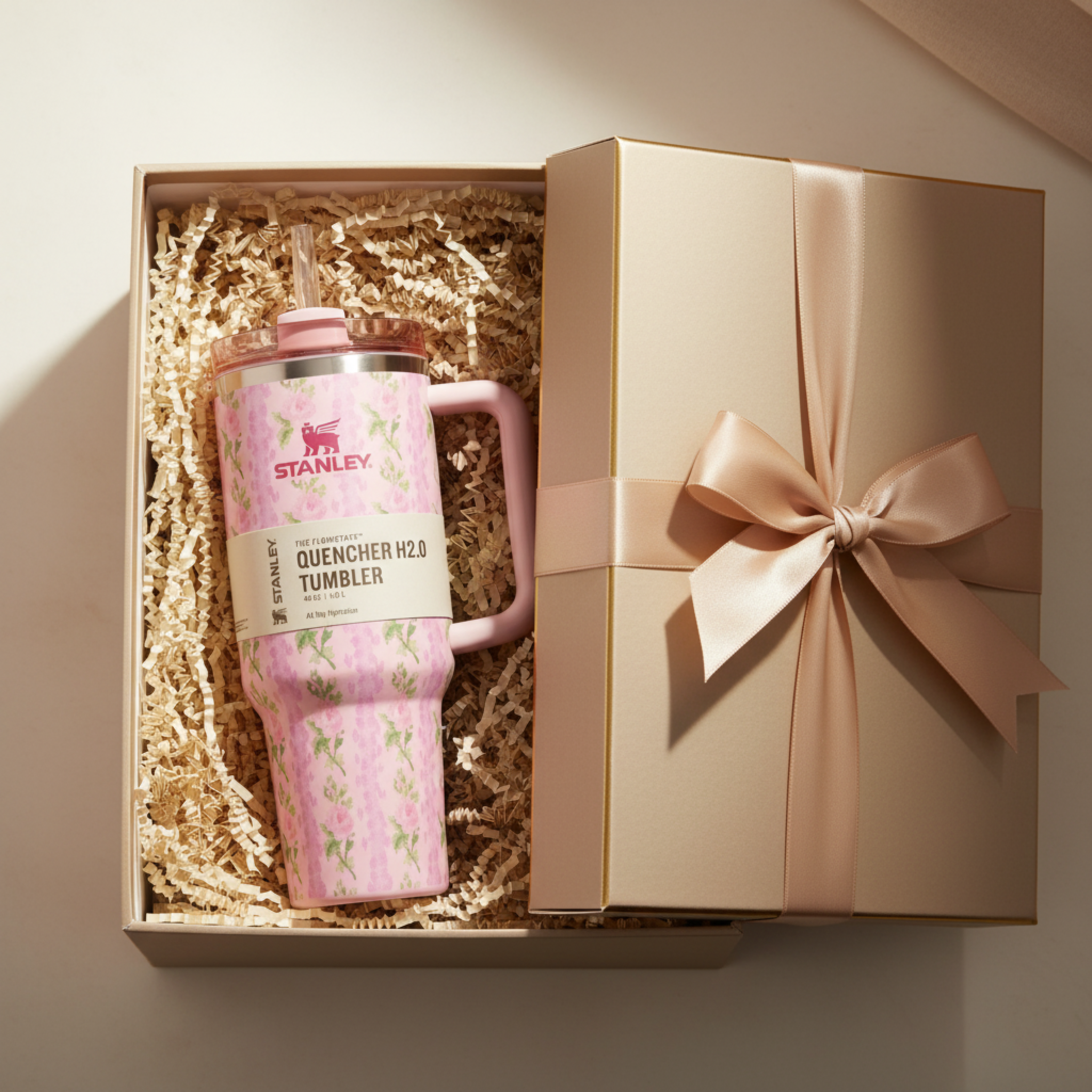 Gobelet Isotherme XXL avec Paille & Poignée - Motif Floral Rose