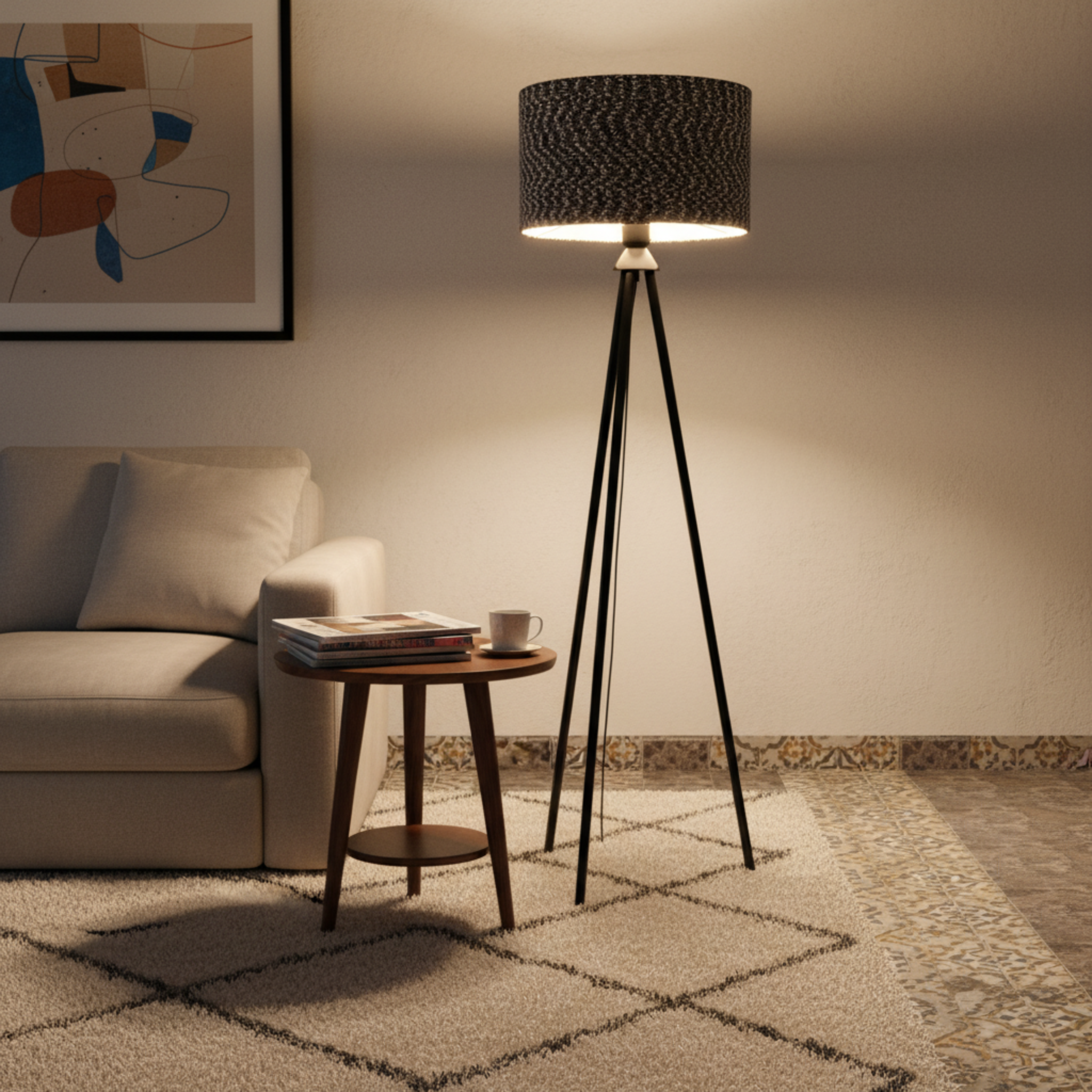 Lampadaire Trépied Métal Noir & Abat-Jour Chiné – Design Moderne